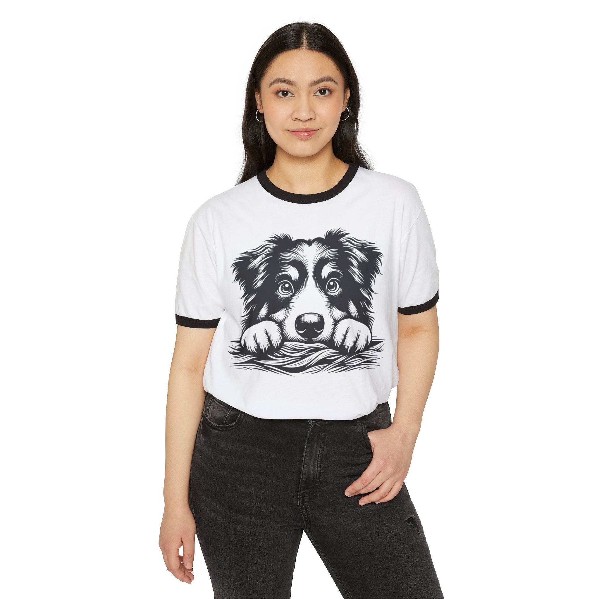 Printify eco-friendly dog graphic t-shirt with black ringer collar and sleeves worn by woman