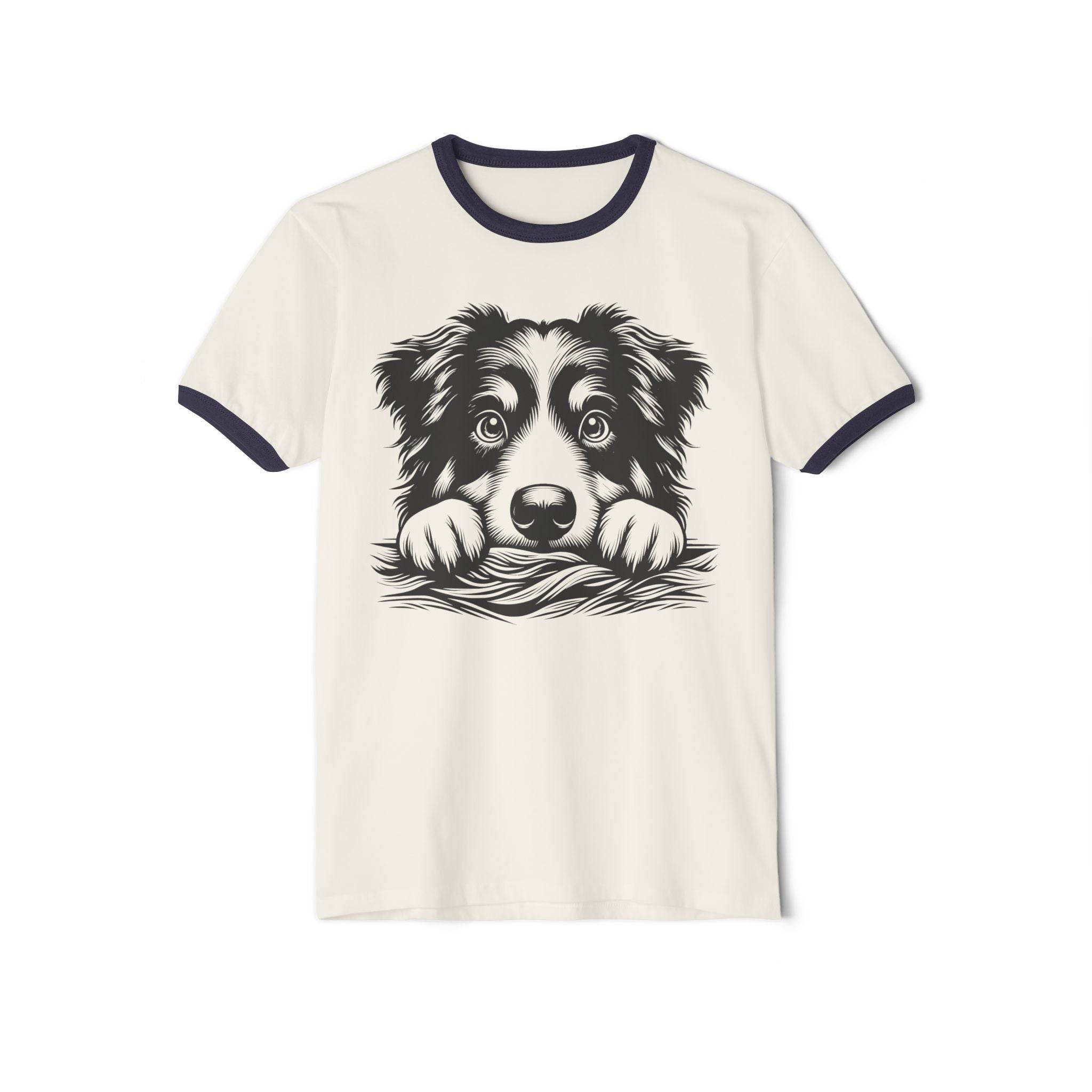 Printify eco-friendly dog graphic t-shirt with black and white dog face on cream fabric