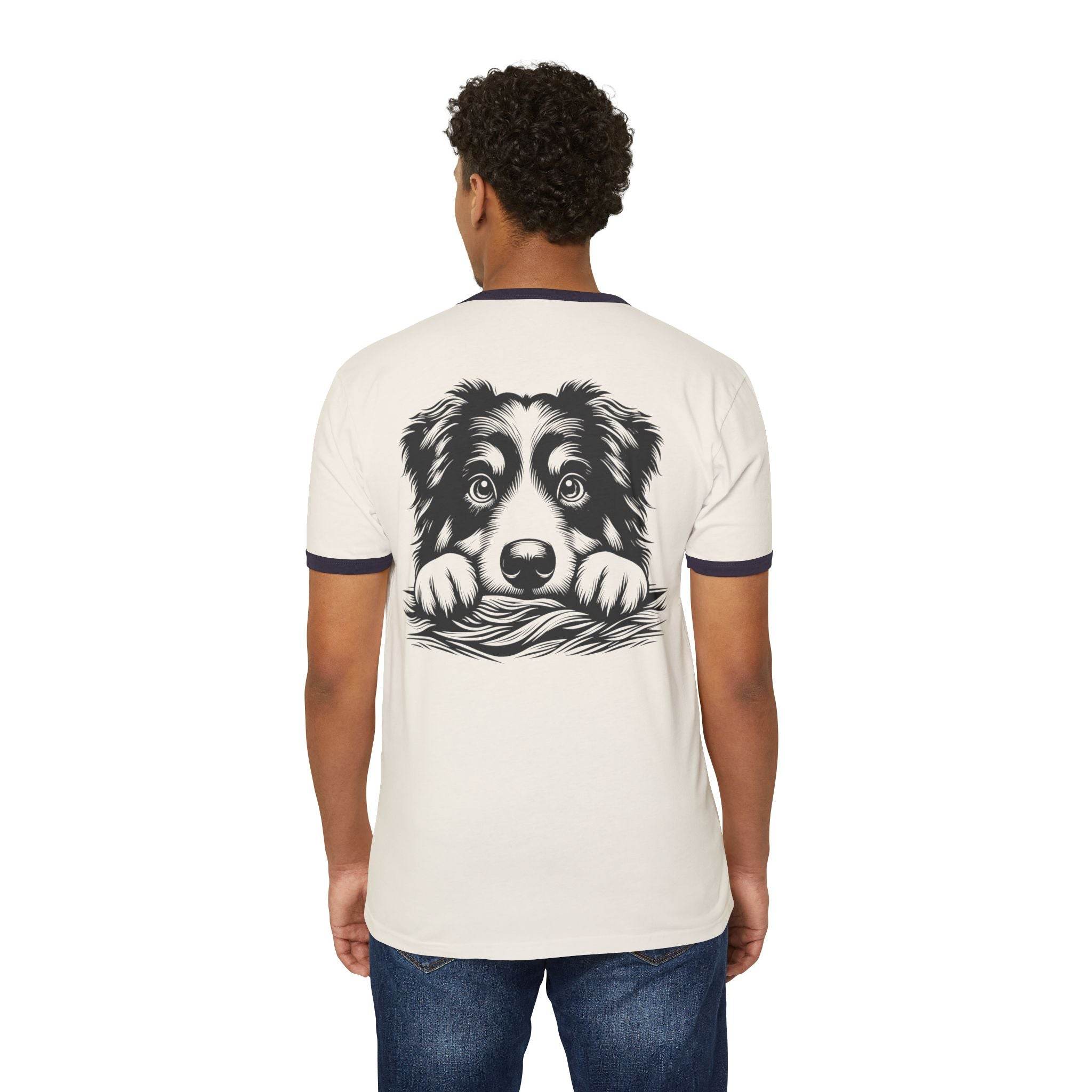 Printify eco-friendly dog graphic t-shirt with black and white dog illustration on back worn by male model
