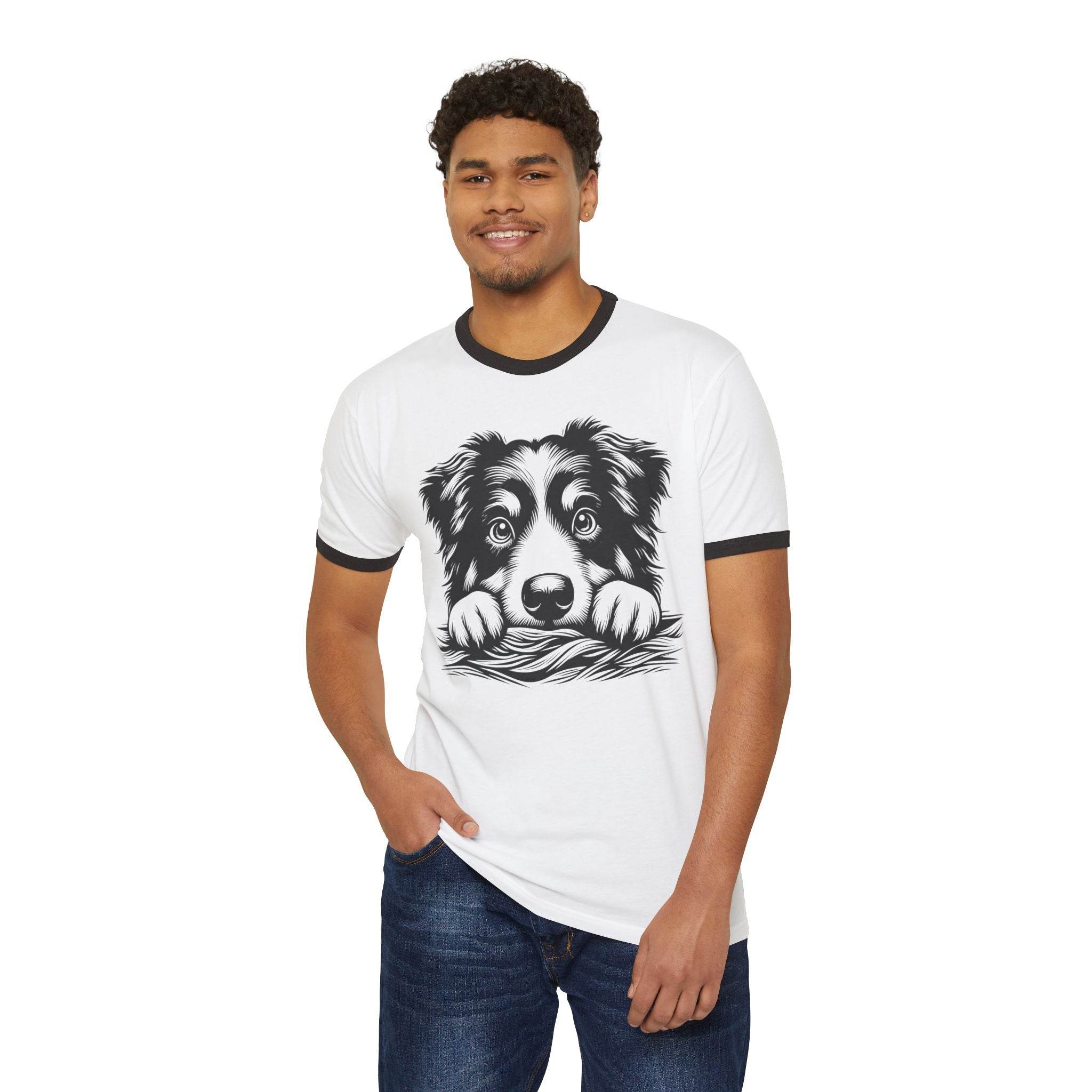 Man wearing Printify eco-friendly dog graphic t-shirt with black and white dog illustration