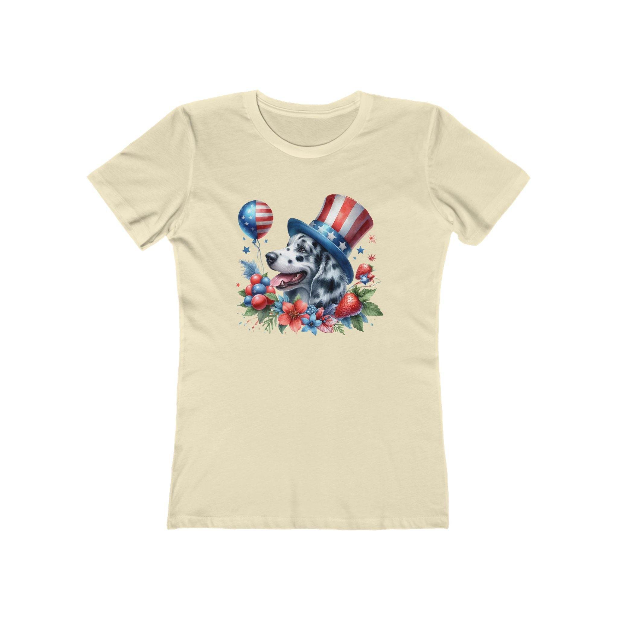 Printify eco-friendly dog graphic t-shirt women with patriotic dog wearing USA hat and floral design