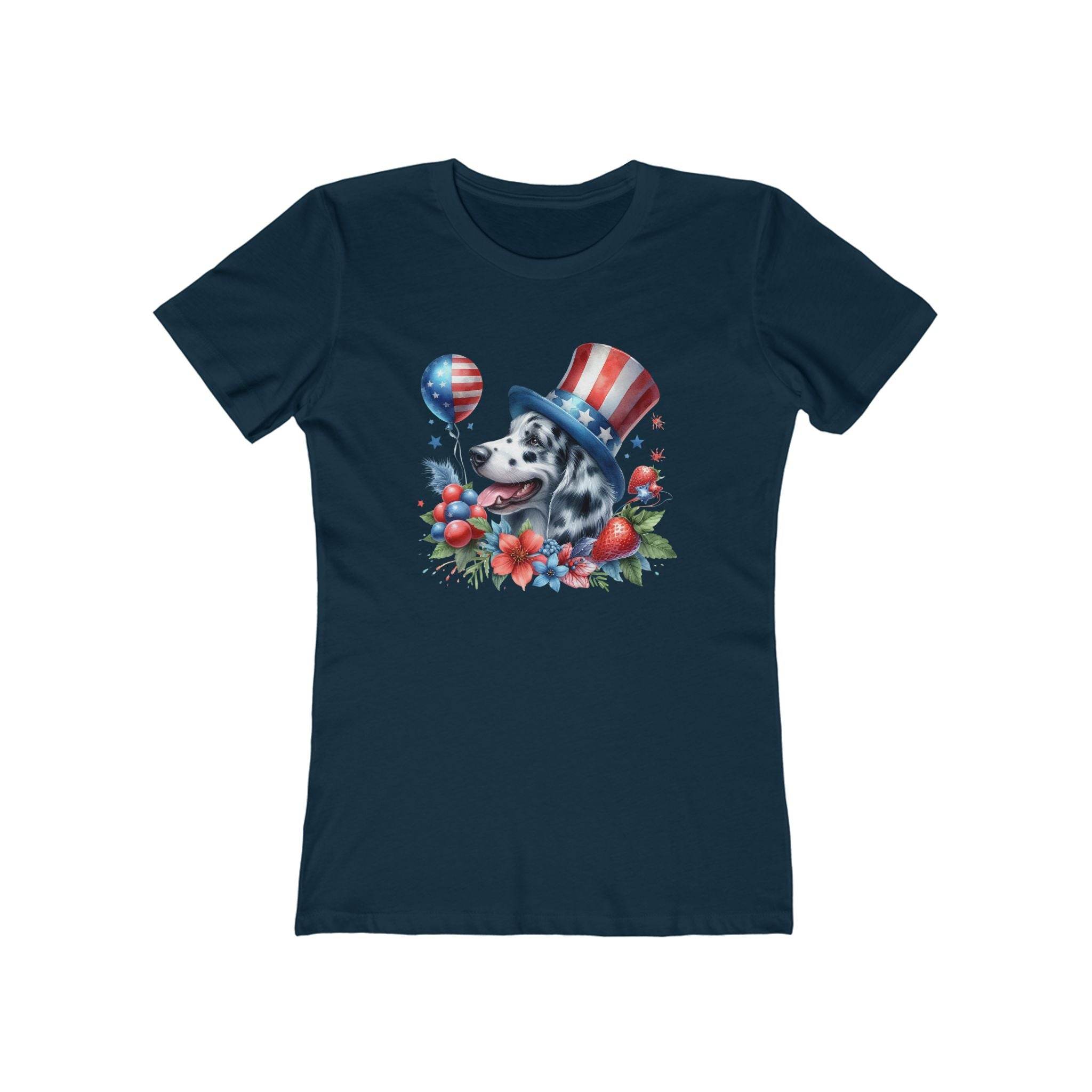 Printify eco-friendly dog graphic t-shirt women with patriotic dog wearing a red white and blue hat