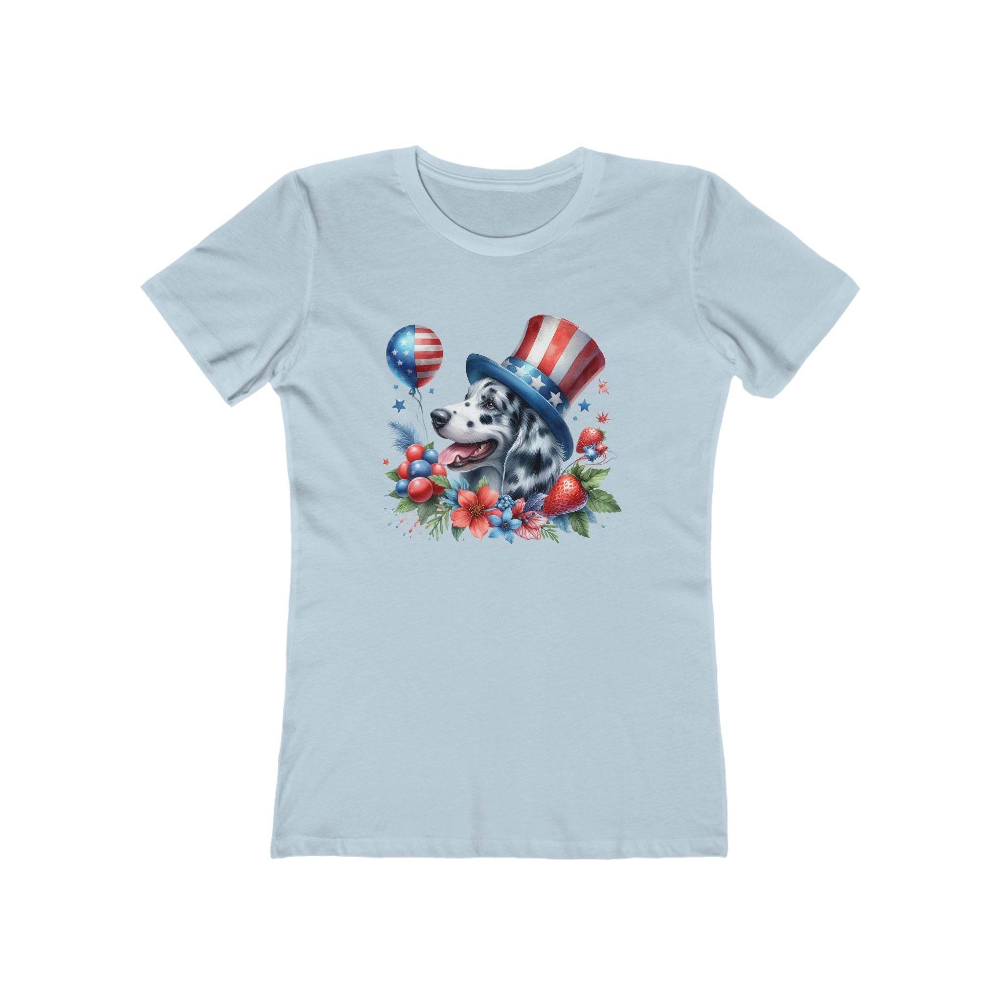 Printify eco-friendly dog graphic t-shirt women in light blue with patriotic dog and floral design