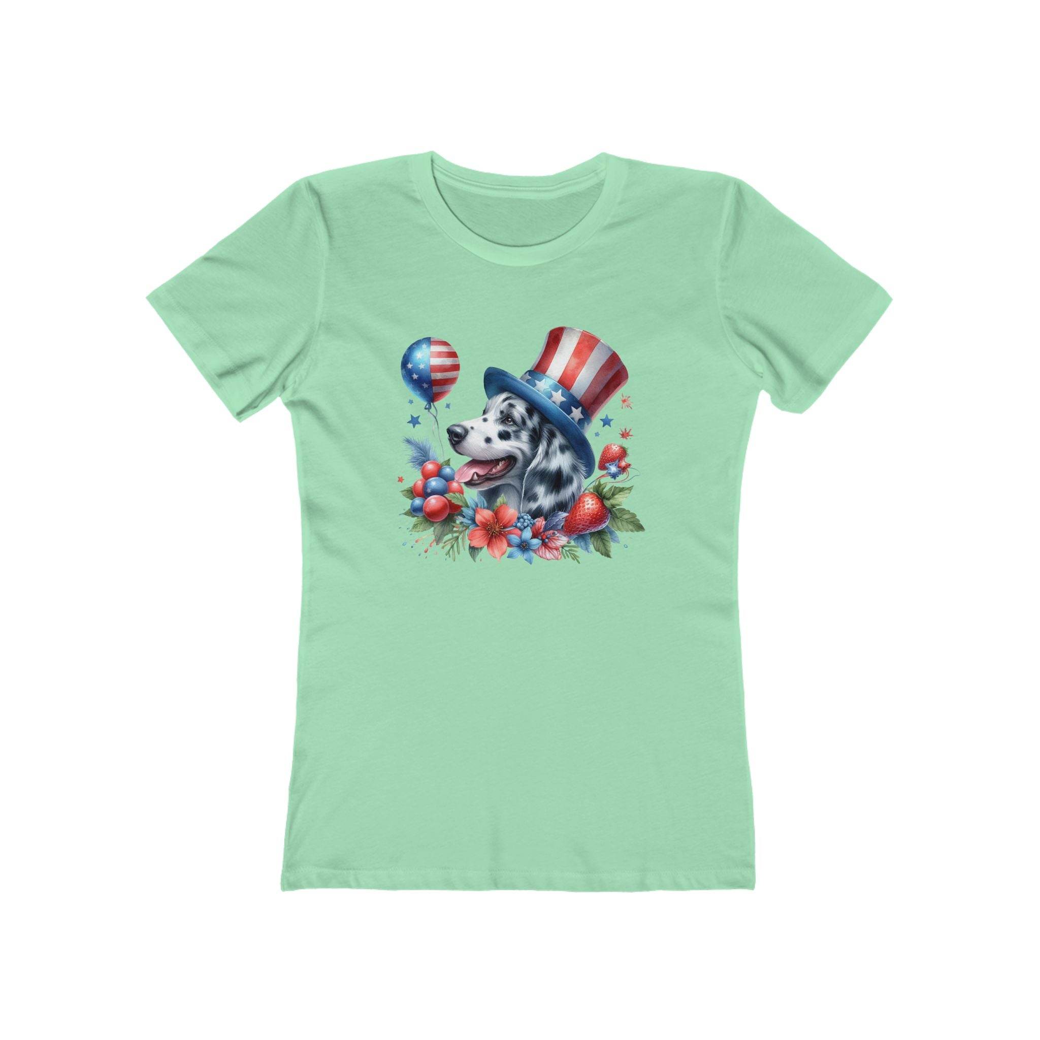 Printify eco-friendly dog graphic t-shirt women in light green with patriotic dog wearing a red white blue hat