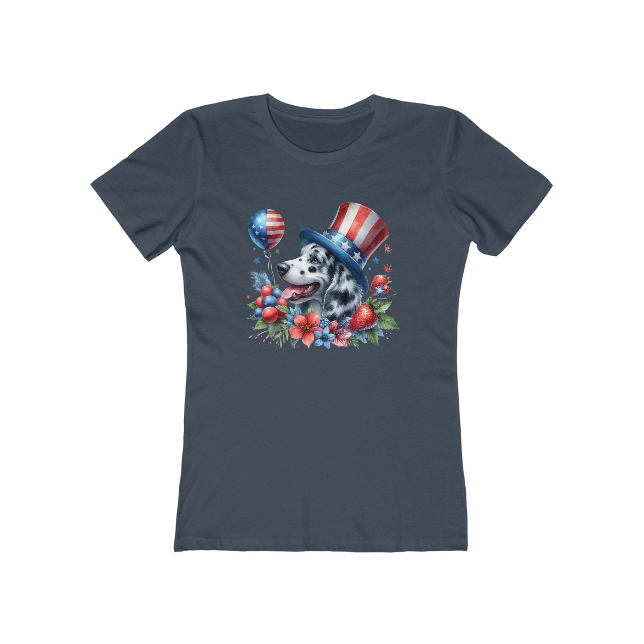 Eco-friendly dog graphic t-shirt women with patriotic dog wearing stars and stripes hat on navy