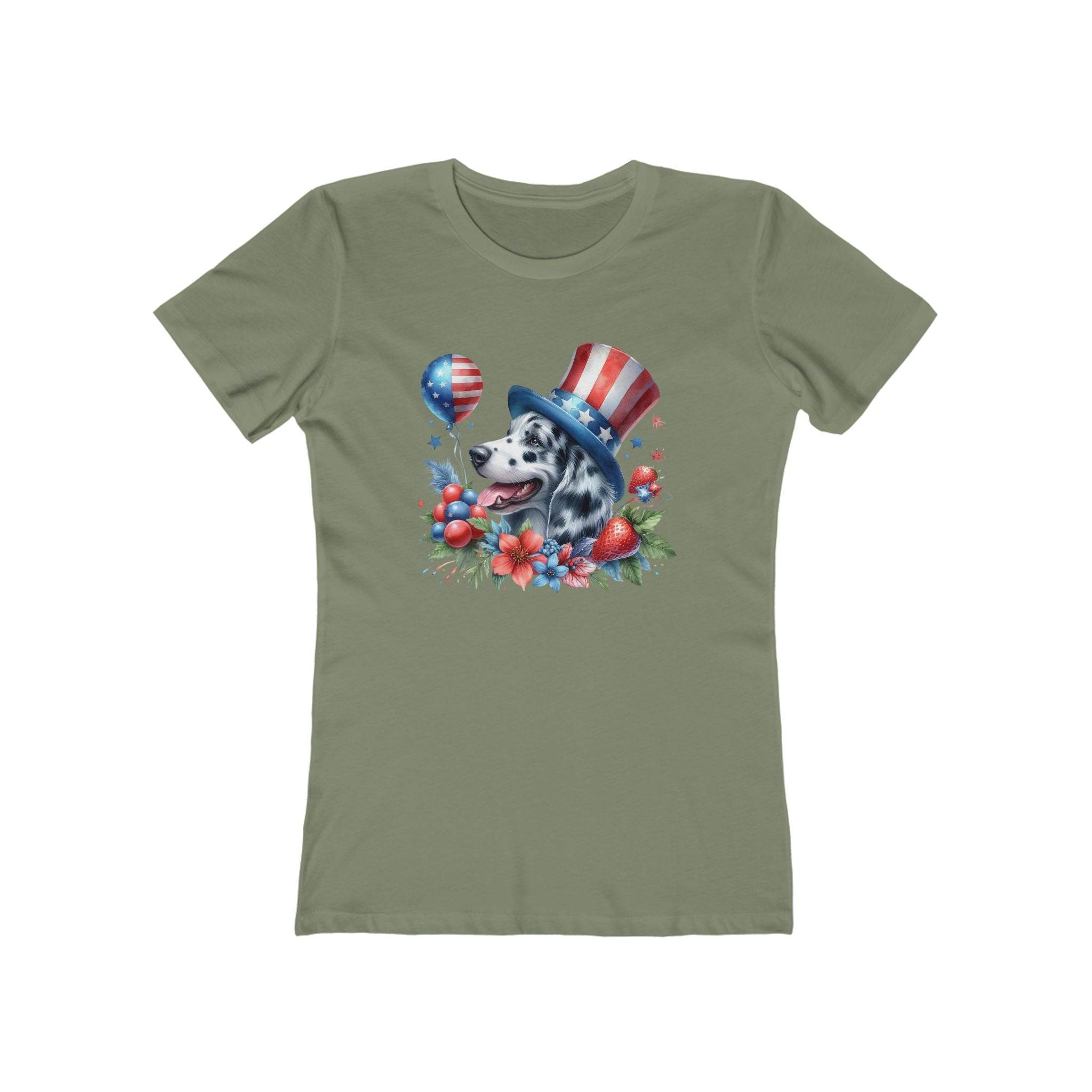 Eco-friendly dog graphic t-shirt women featuring a patriotic dog with American flag hat and balloon on olive green