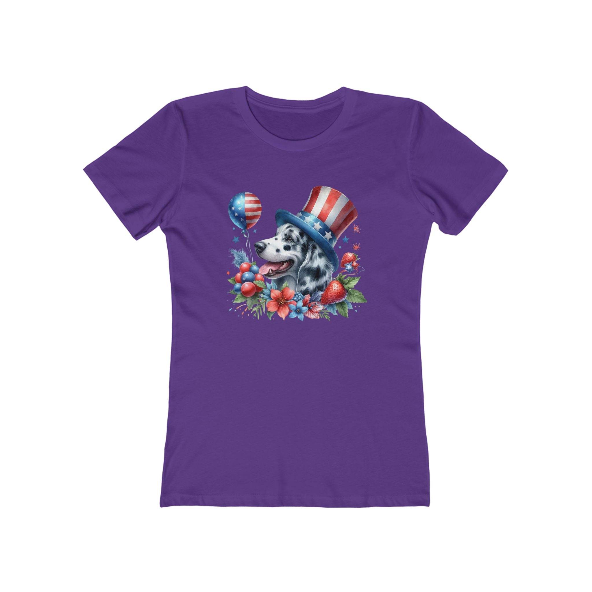 Purple eco-friendly dog graphic t-shirt women with patriotic dog wearing stars and stripes hat