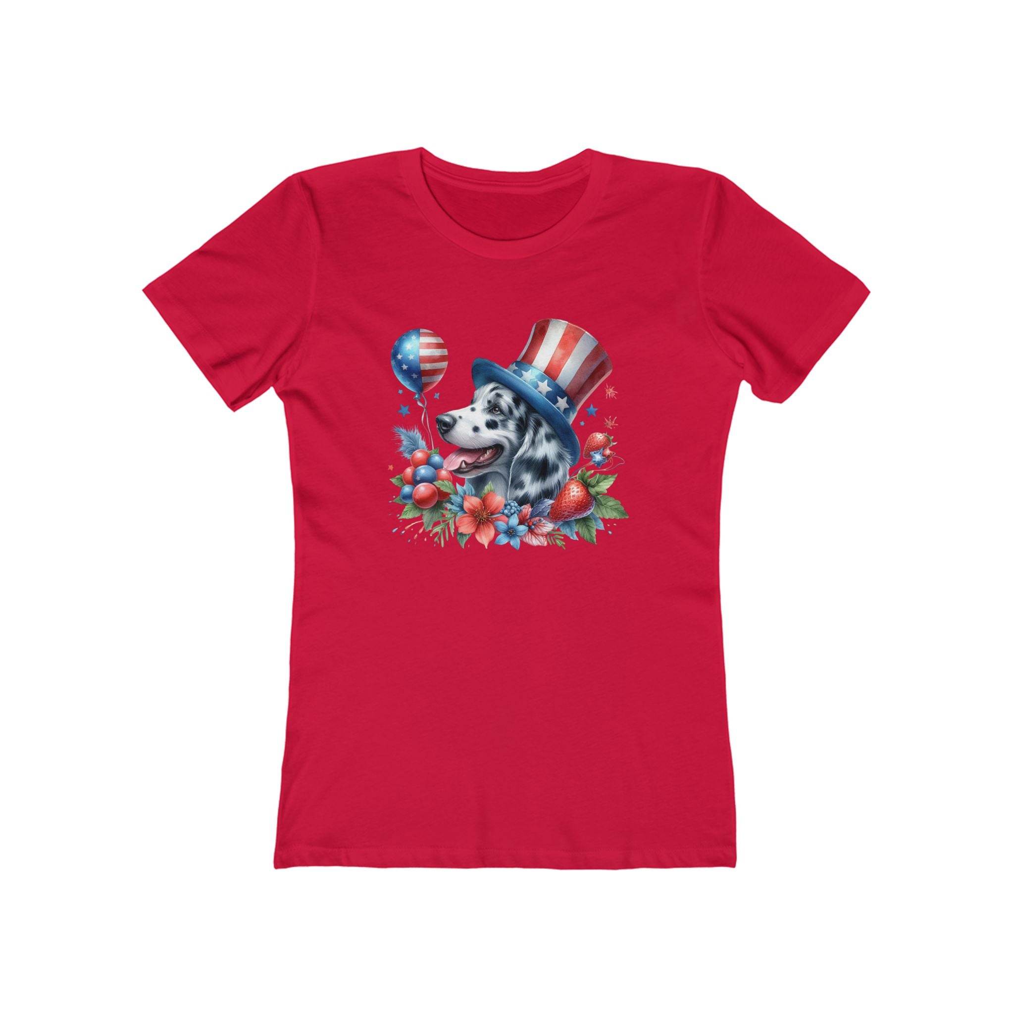 Red eco-friendly dog graphic t-shirt women featuring patriotic dog with American flag hat and balloons
