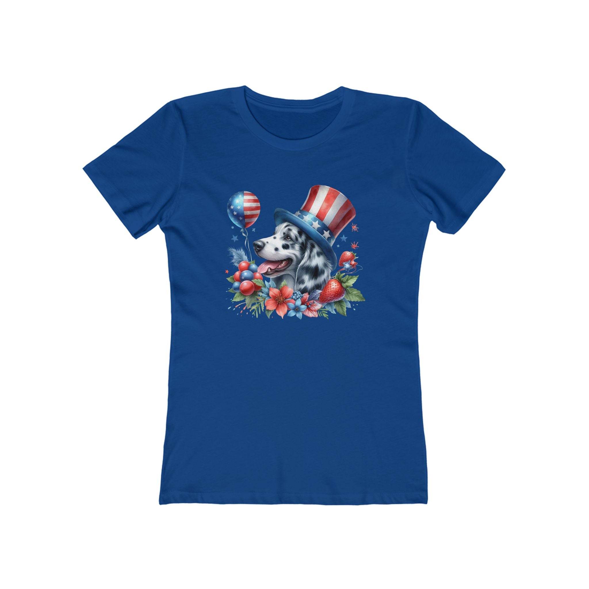 Printify blue eco-friendly dog graphic t-shirt women with patriotic dog design and floral accents