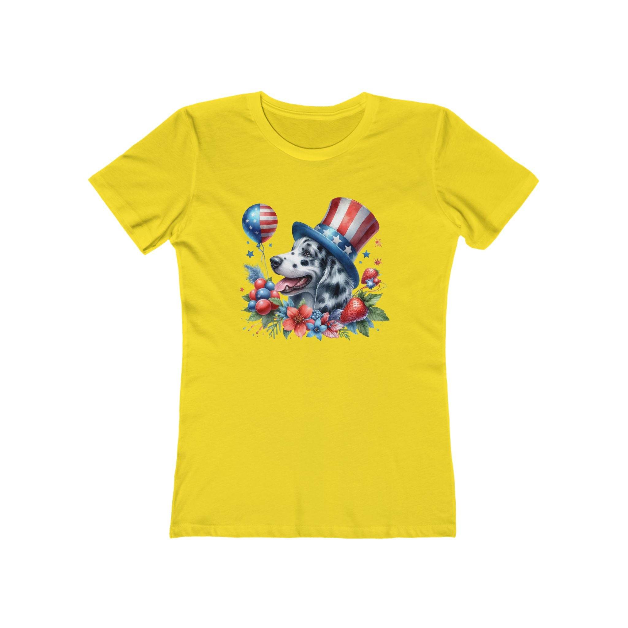 Yellow eco-friendly dog graphic t-shirt women with patriotic dog wearing hat and balloons