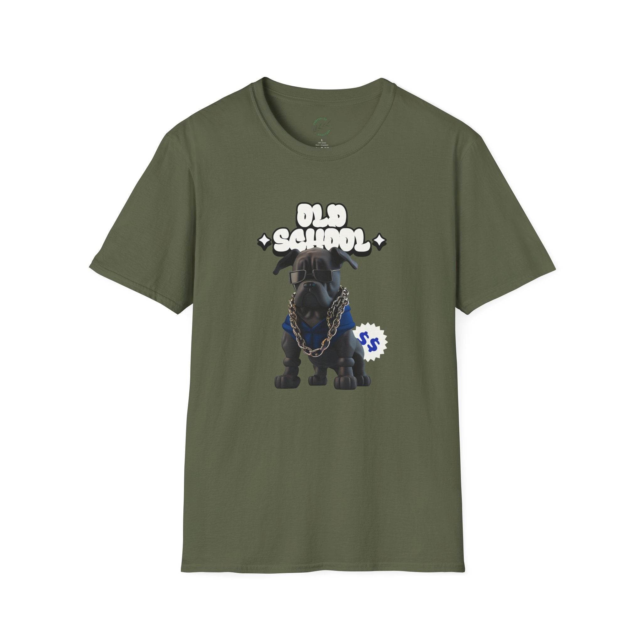 Printify eco-friendly dog t-shirt in olive with old school dog graphic and gold chain design