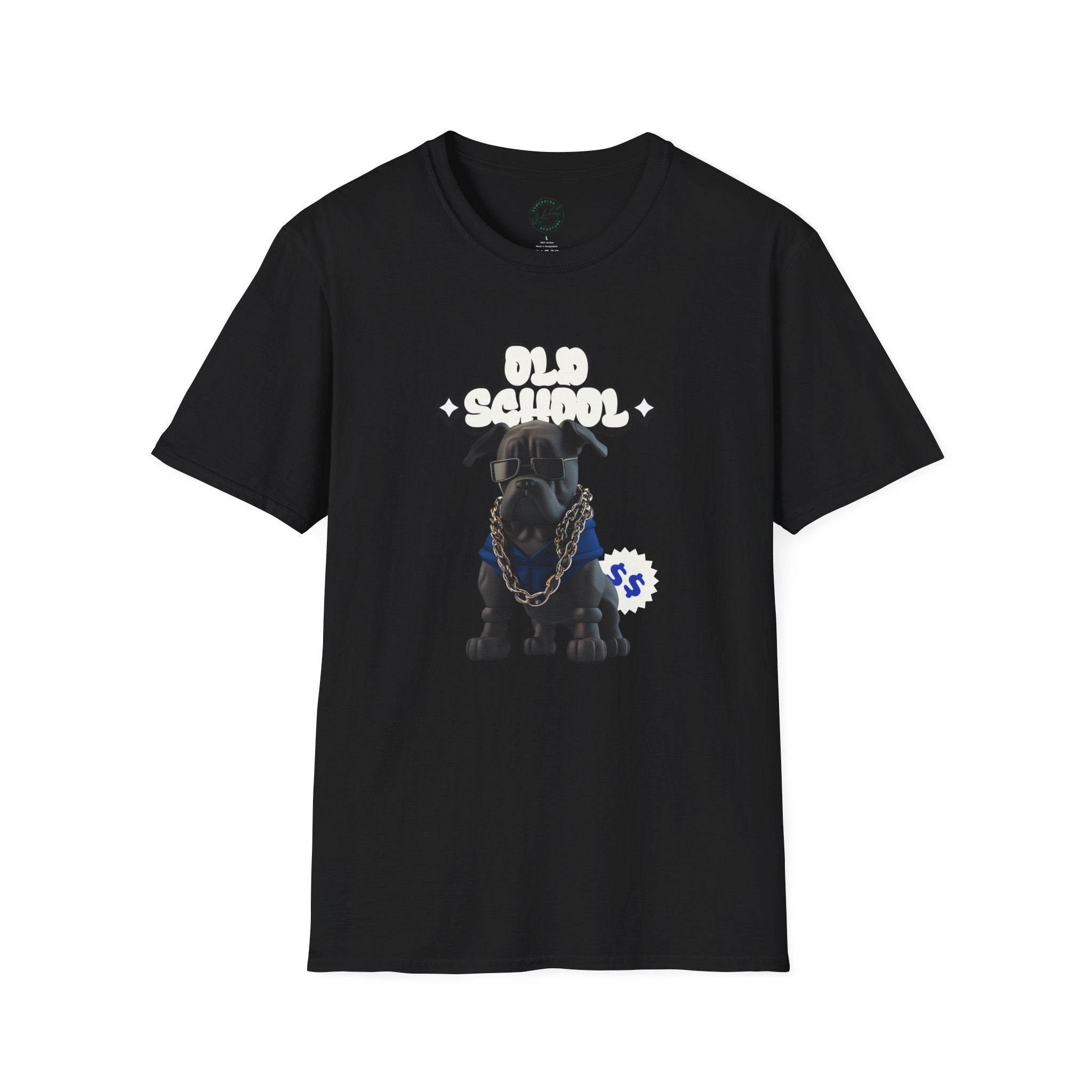 Printify black eco-friendly dog t-shirt with old school dog graphic and chain design