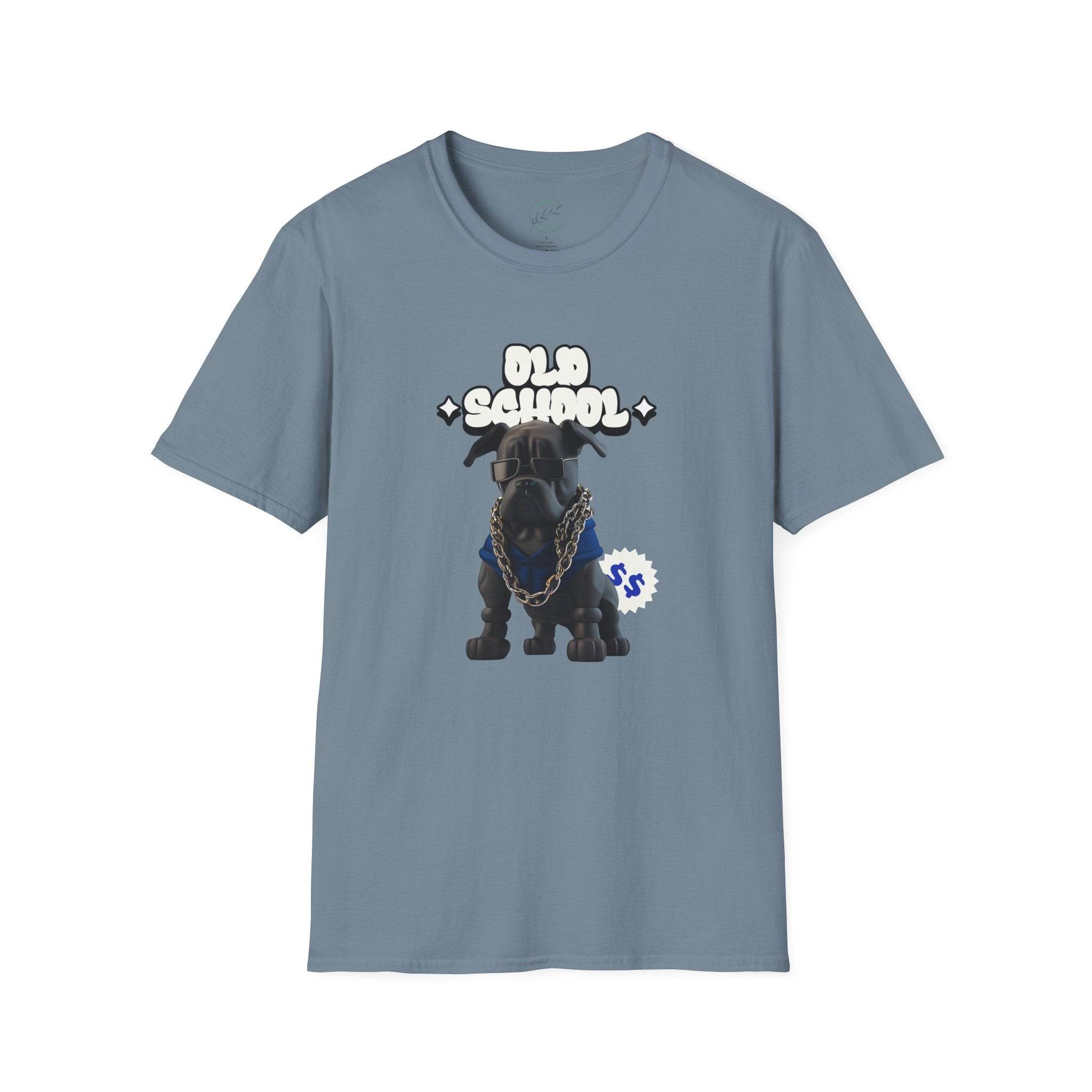 Printify eco-friendly dog t-shirt with old school black dog graphic and blue chain on light blue fabric