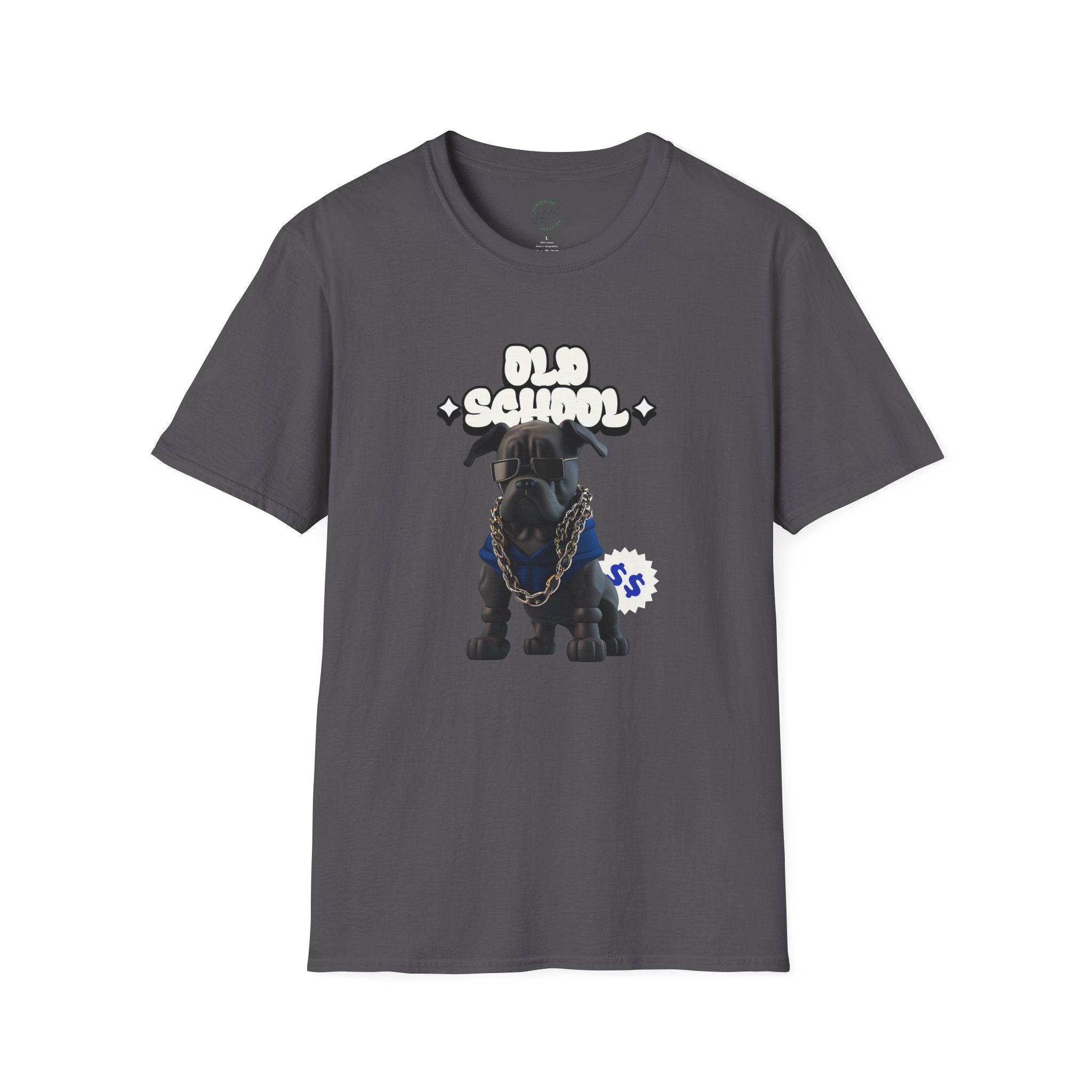 Printify eco-friendly dog t-shirt in gray with old school dog graphic and chain design
