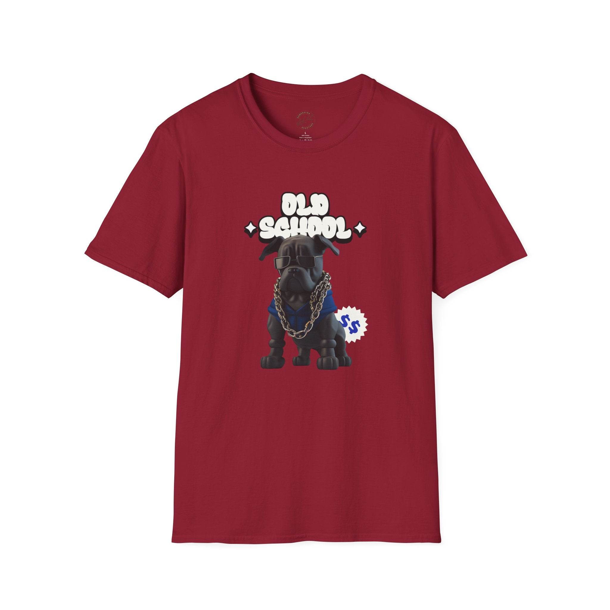 Printify eco-friendly dog t-shirt in red featuring a black dog with old school text and chain design