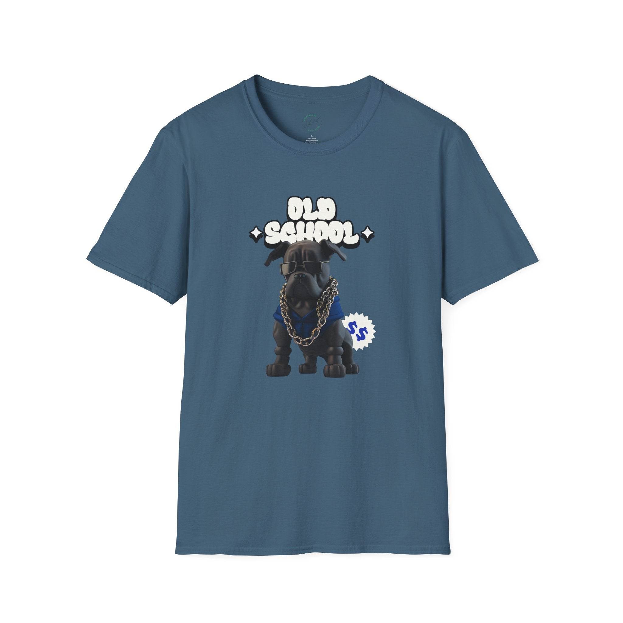 Printify eco-friendly dog t-shirt with old school graphic and chain necklace design in blue
