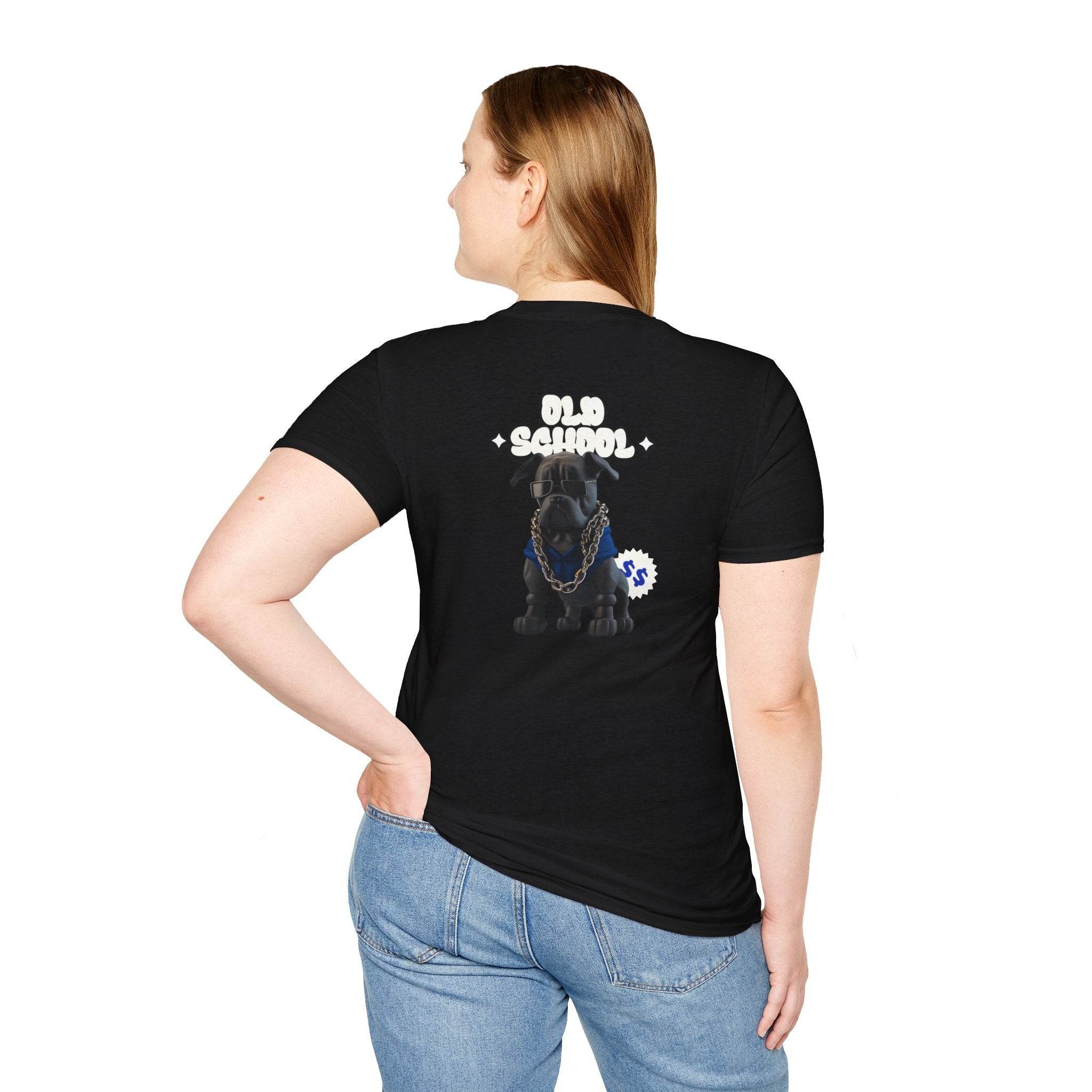 Printify black eco-friendly dog t-shirt featuring an old school dog graphic on the back