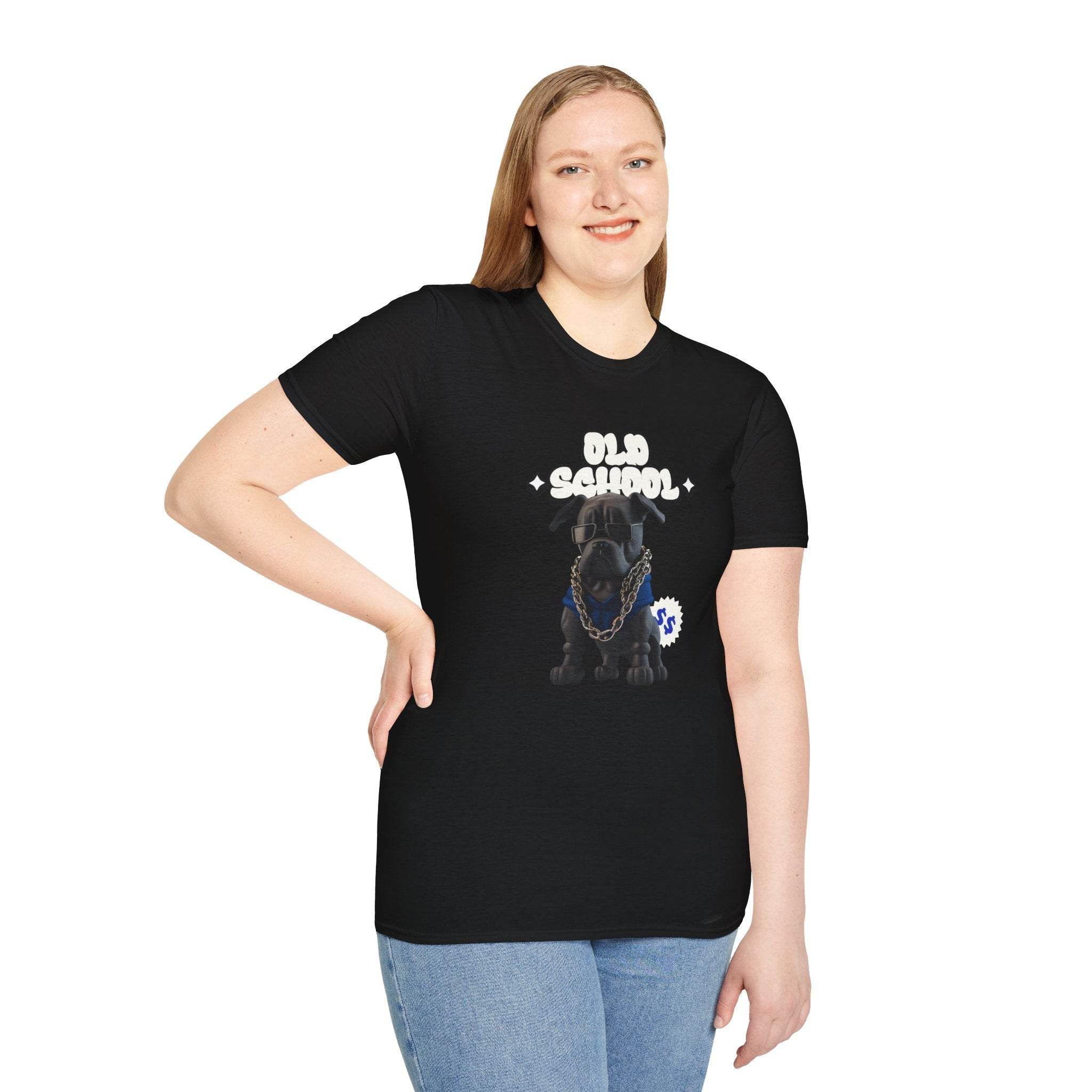 Printify eco-friendly dog t-shirt in black with old school dog graphic worn by smiling woman