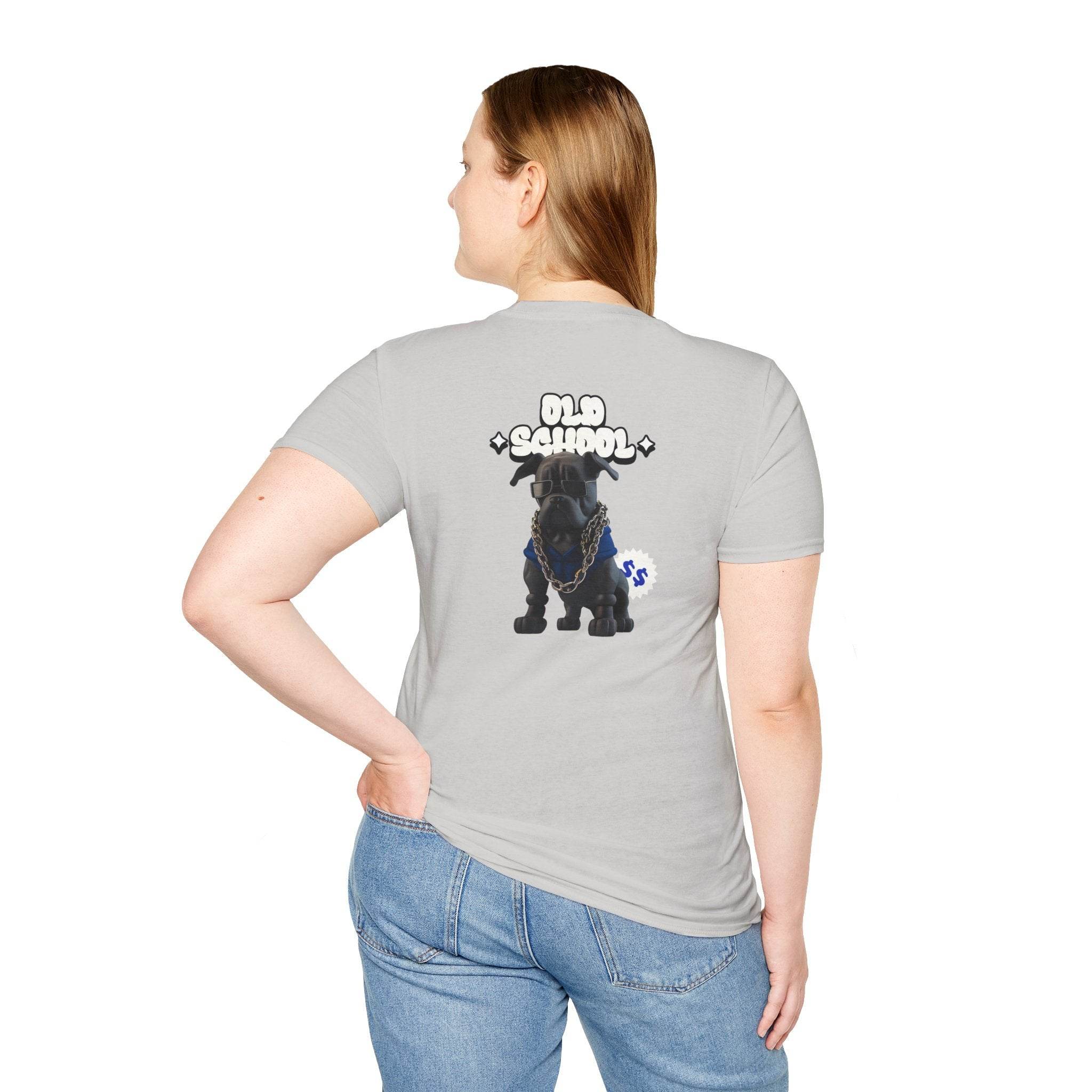 Printify eco-friendly dog t-shirt with old school graphic worn by woman in light gray