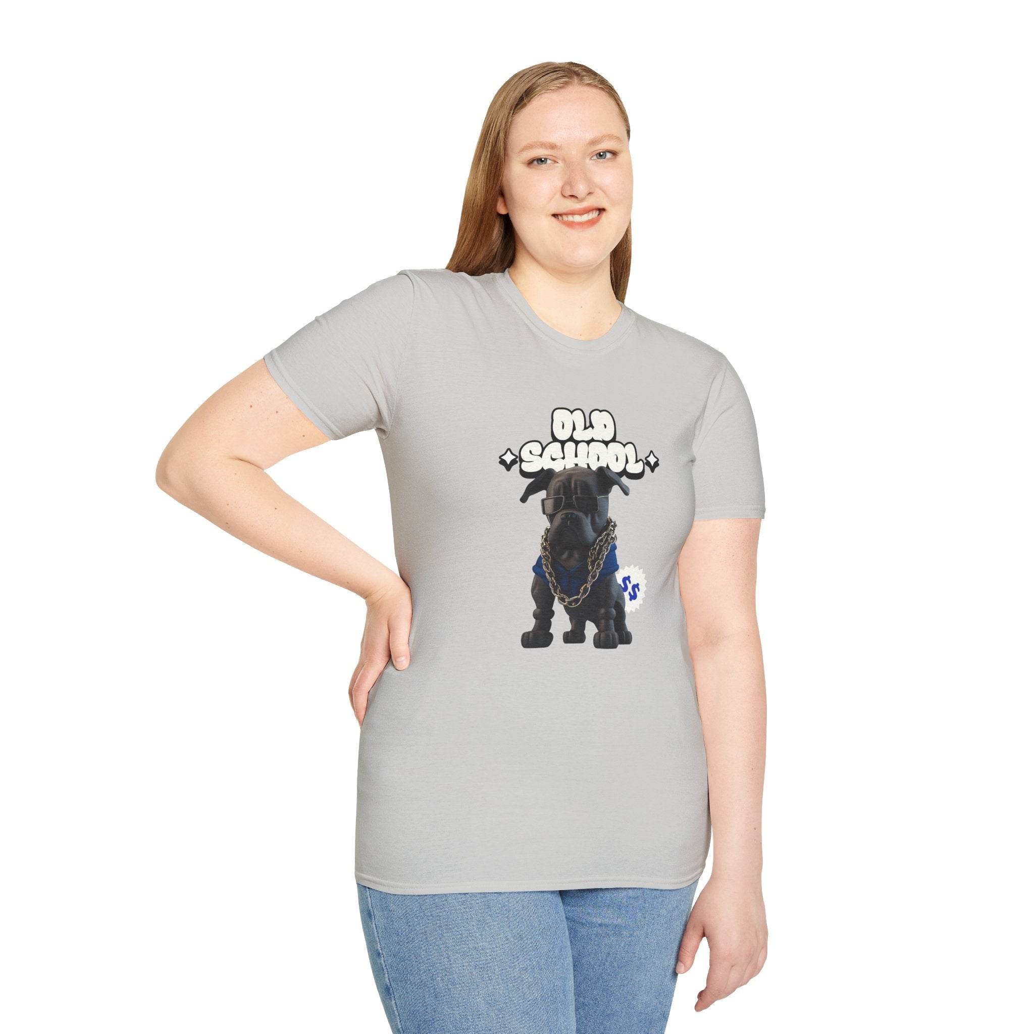 Printify eco-friendly dog t-shirt in light gray featuring a black dog with old school text design