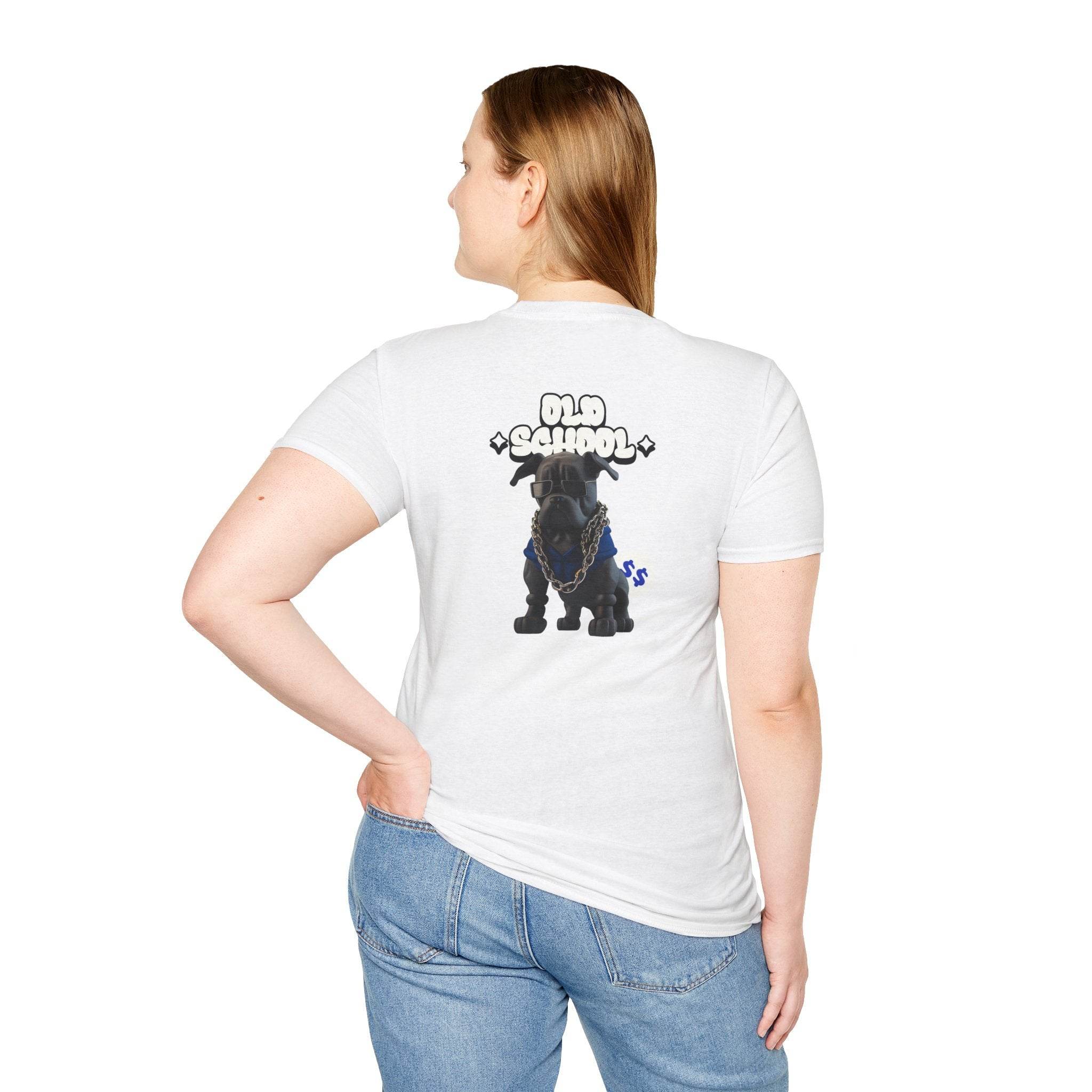 White eco-friendly dog t-shirt from Printify featuring a black dog graphic with old school text