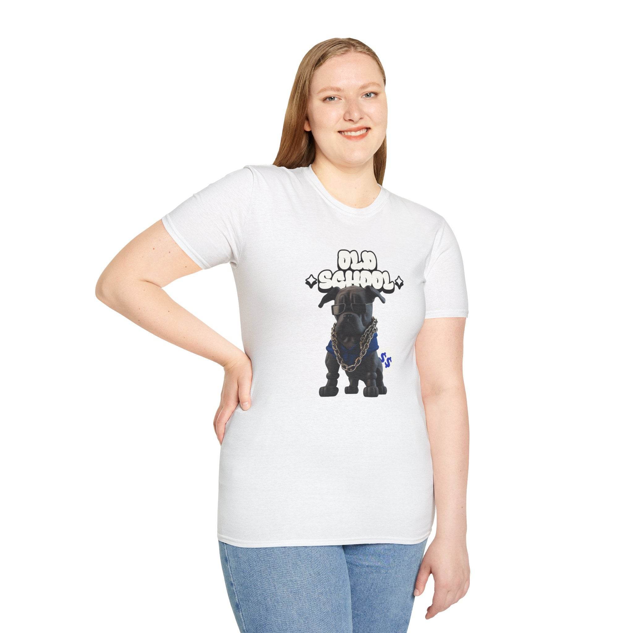 Printify eco-friendly dog t-shirt with black dog and old school text worn by smiling woman
