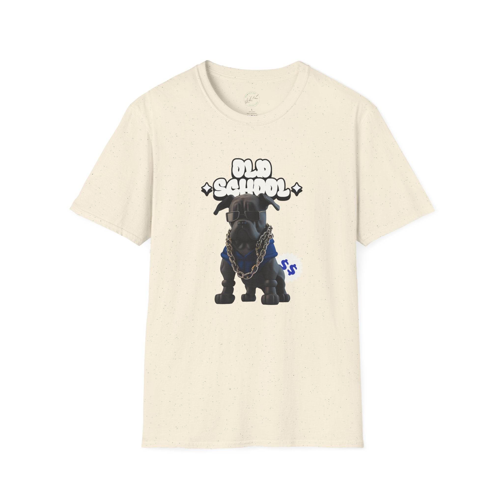 Printify eco-friendly dog t-shirt with old school black dog graphic on beige fabric