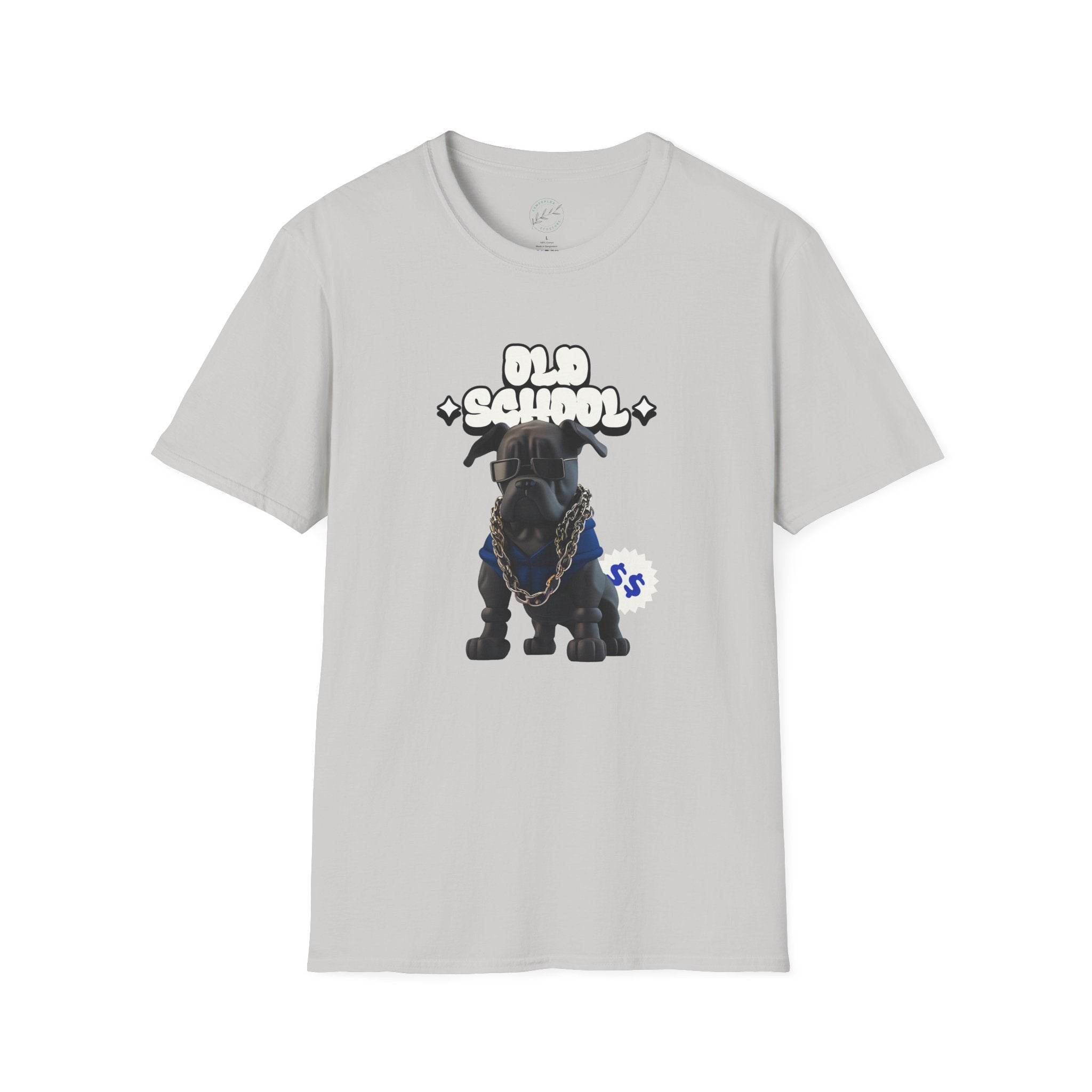 Printify eco-friendly dog t-shirt with black dog graphic and old school text on light gray fabric