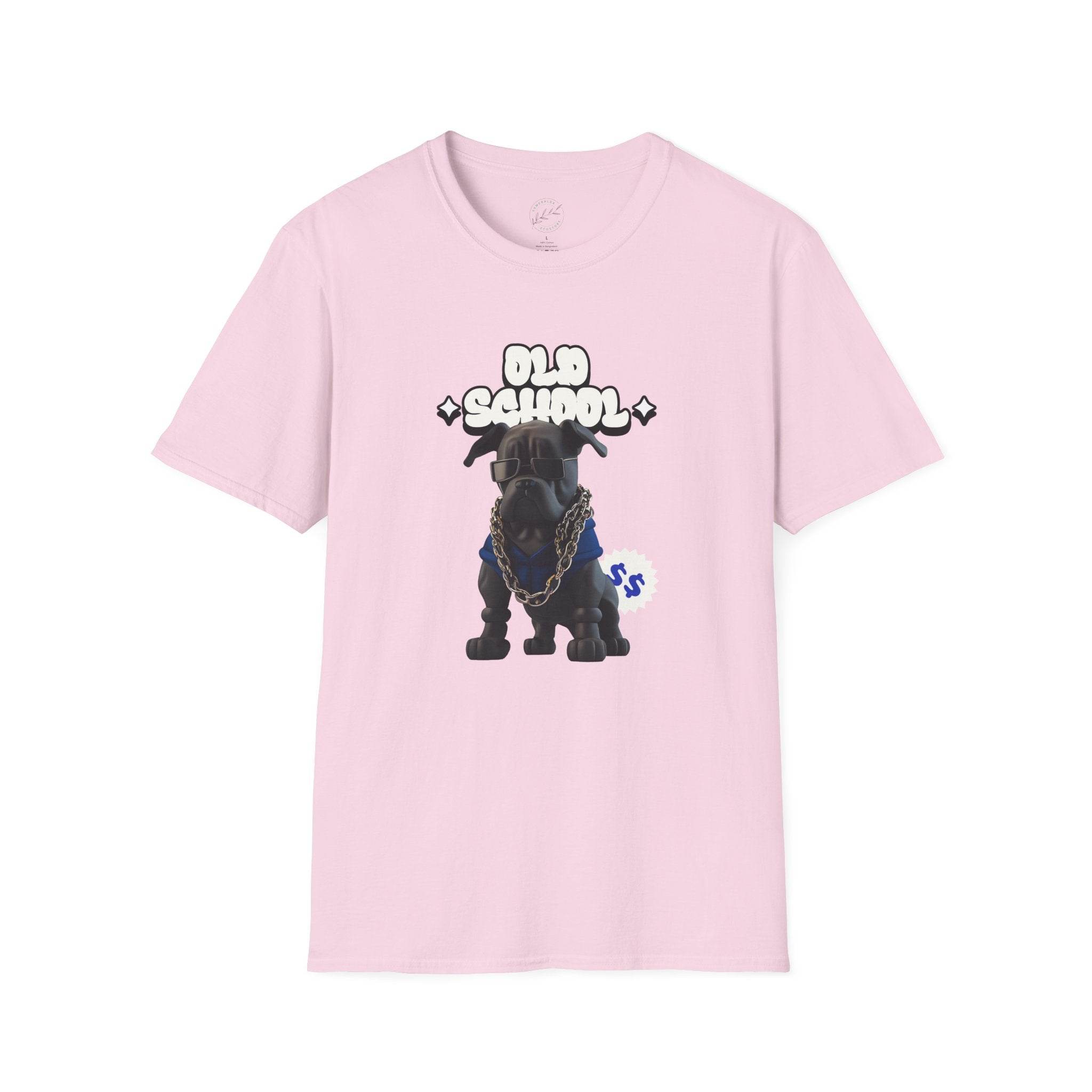 Printify eco-friendly dog t-shirt with pink color and old school dog graphic design