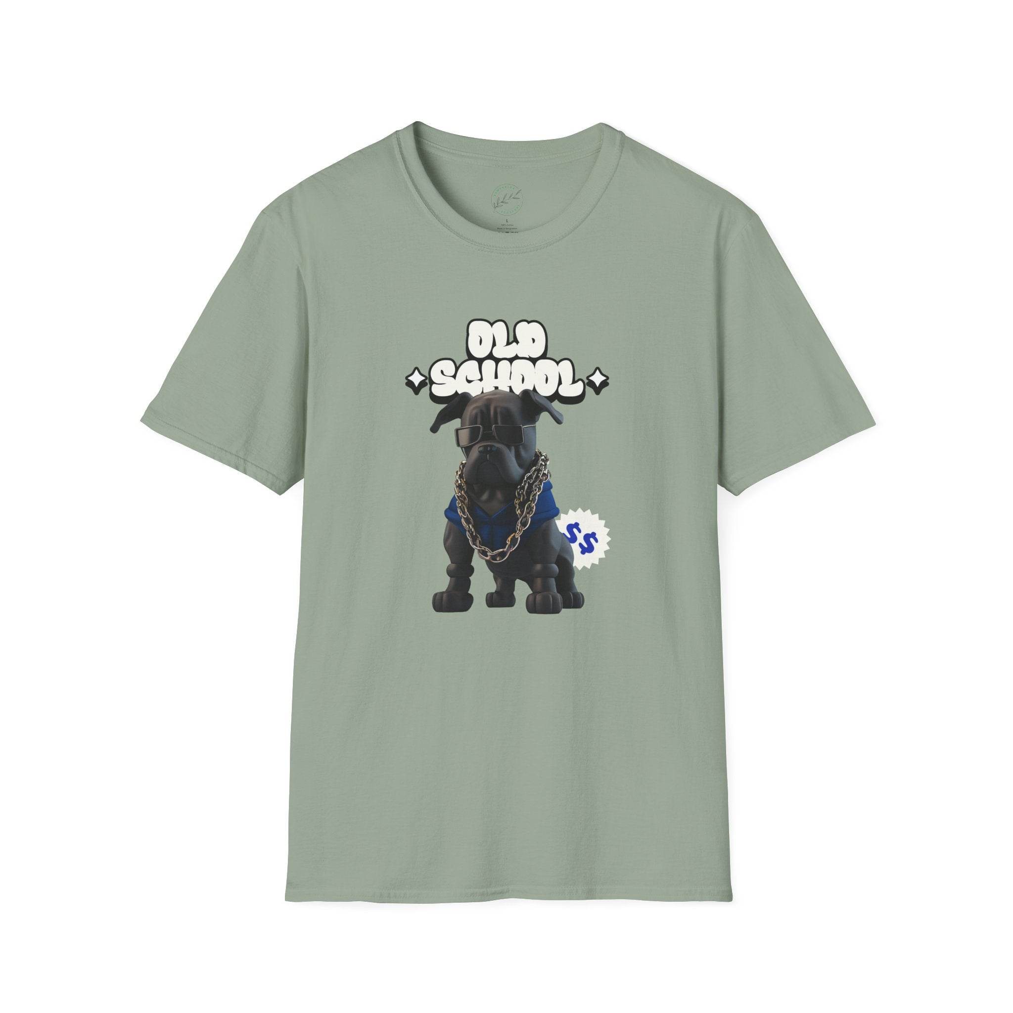 Printify eco-friendly dog t-shirt in green with cartoon dog and old school text design