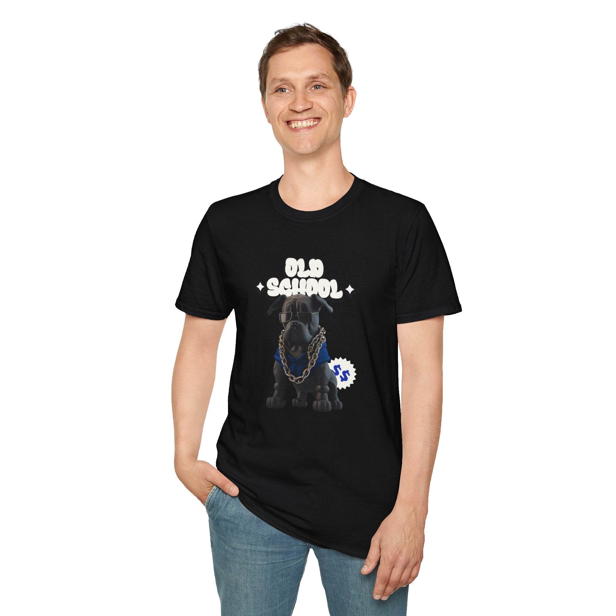 Printify black eco-friendly dog t-shirt featuring a dog with old school text worn by a smiling man