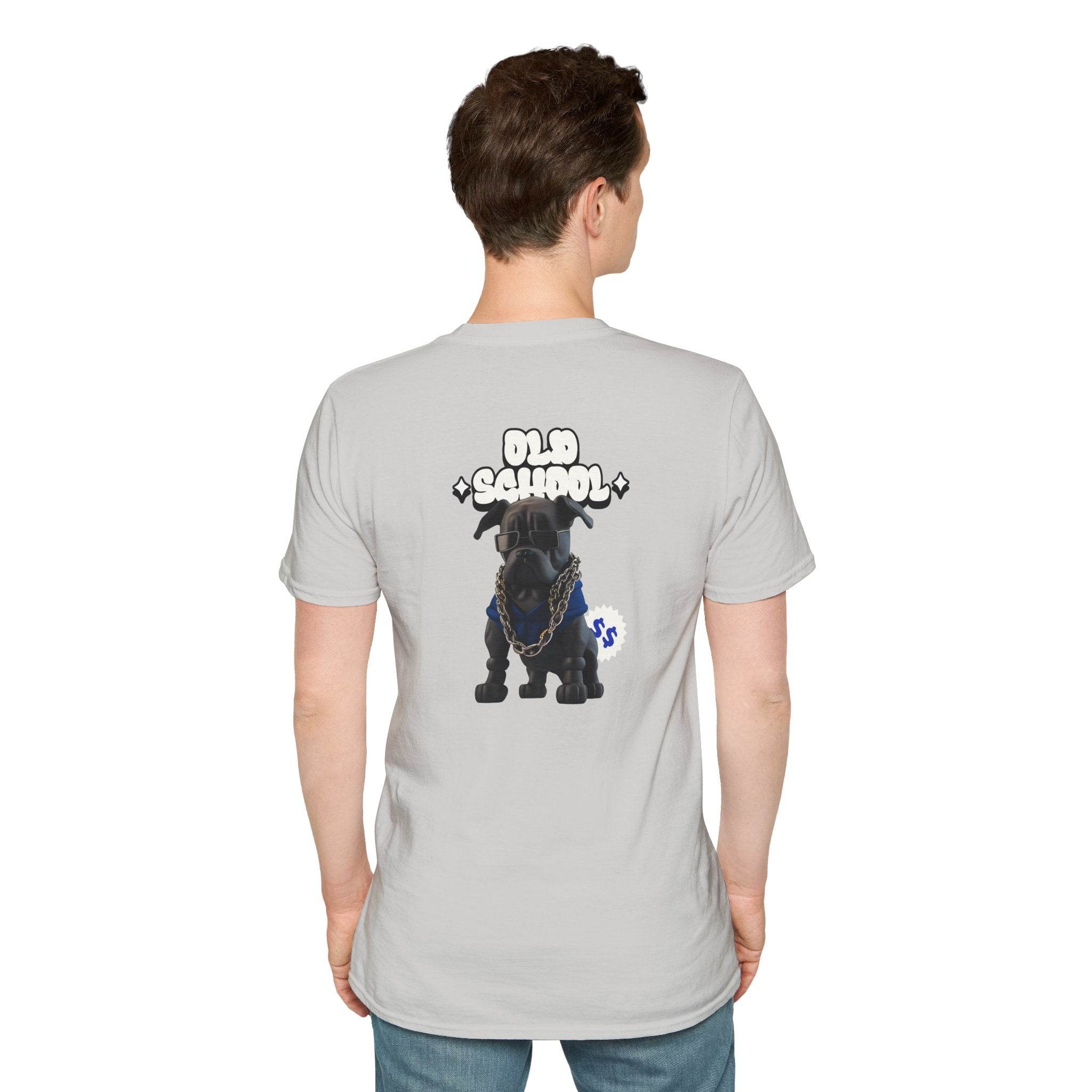 Printify eco-friendly dog t-shirt in light gray with old school black dog graphic on the back