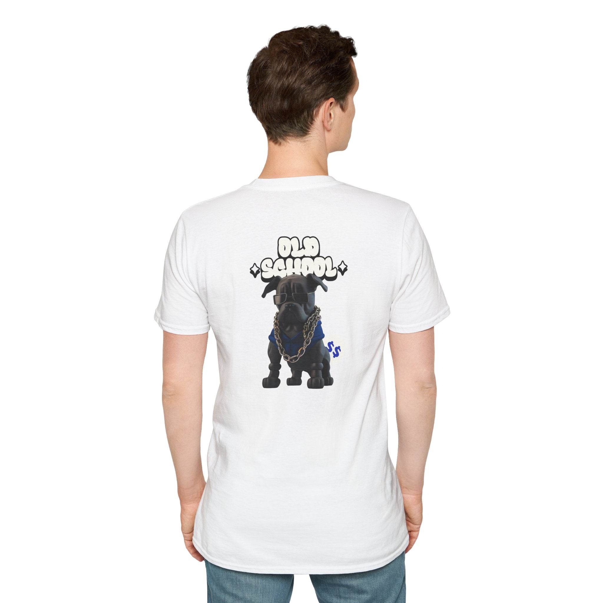 White eco-friendly dog t-shirt by Printify featuring a black dog with old school text on back