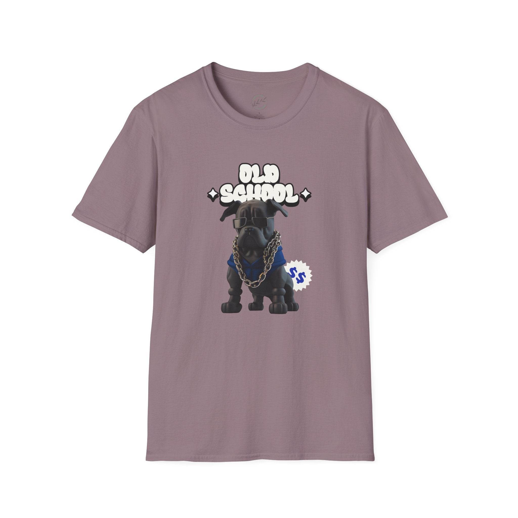 Printify eco-friendly dog t-shirt with old school bulldog graphic and gold chain design