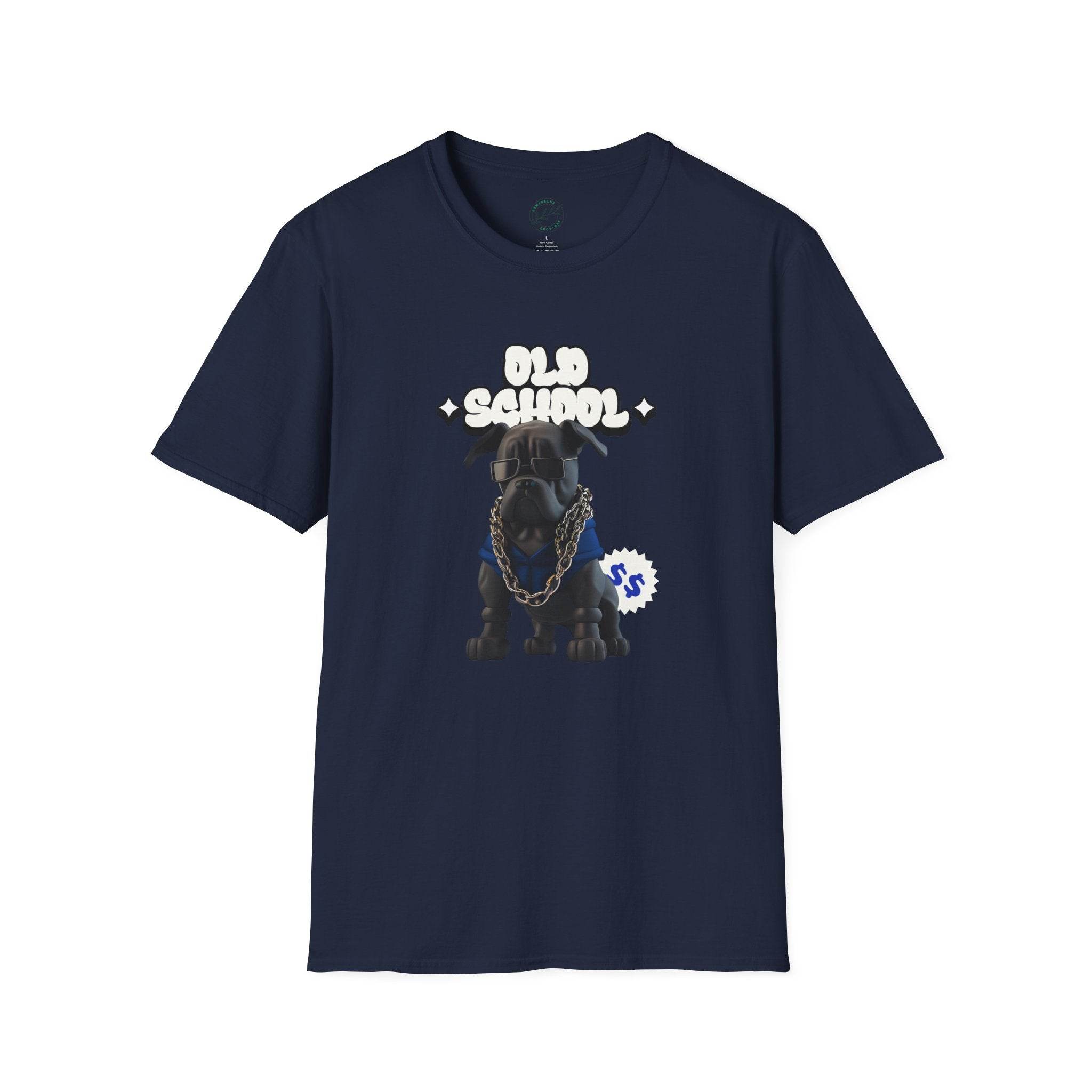 Navy Printify t-shirt featuring an old school dog graphic with chain design eco-friendly dog t-shirt