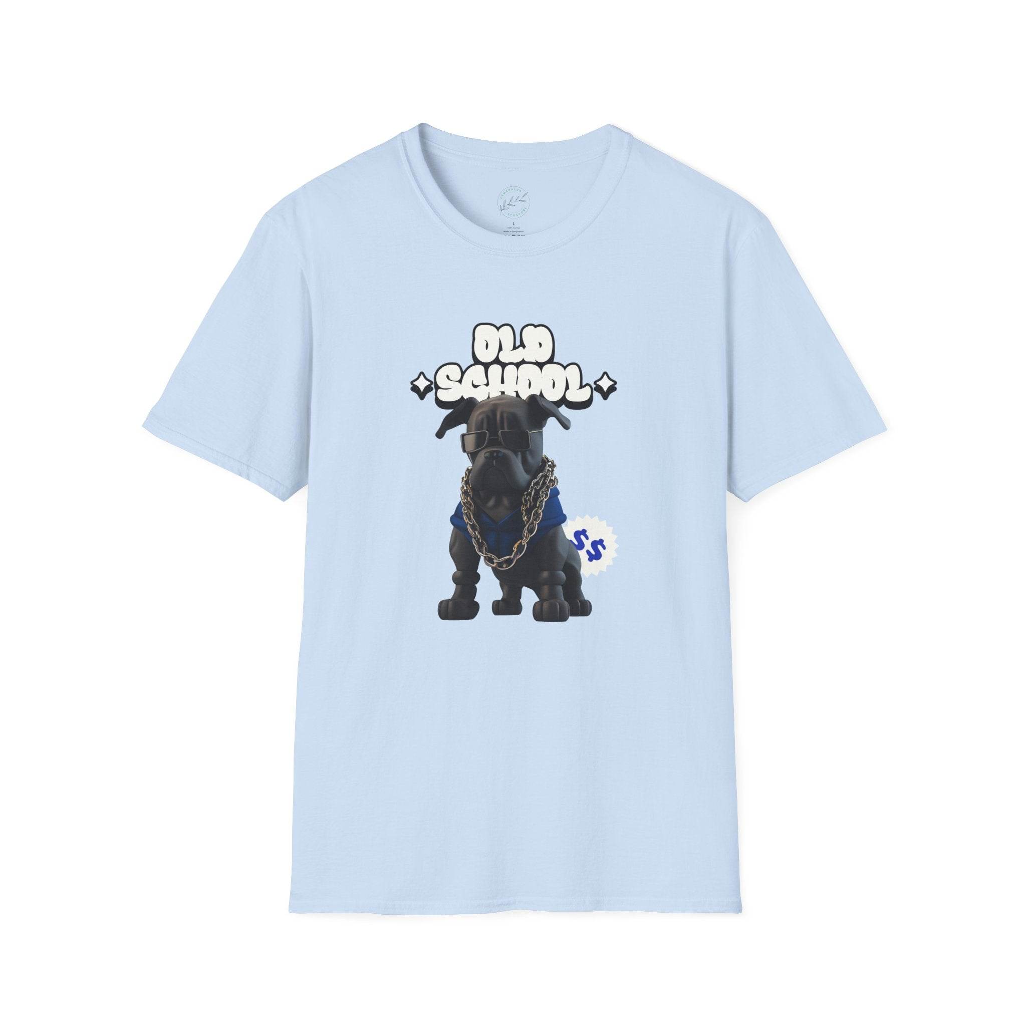 Printify light blue eco-friendly dog t-shirt with old school dog graphic and chain design
