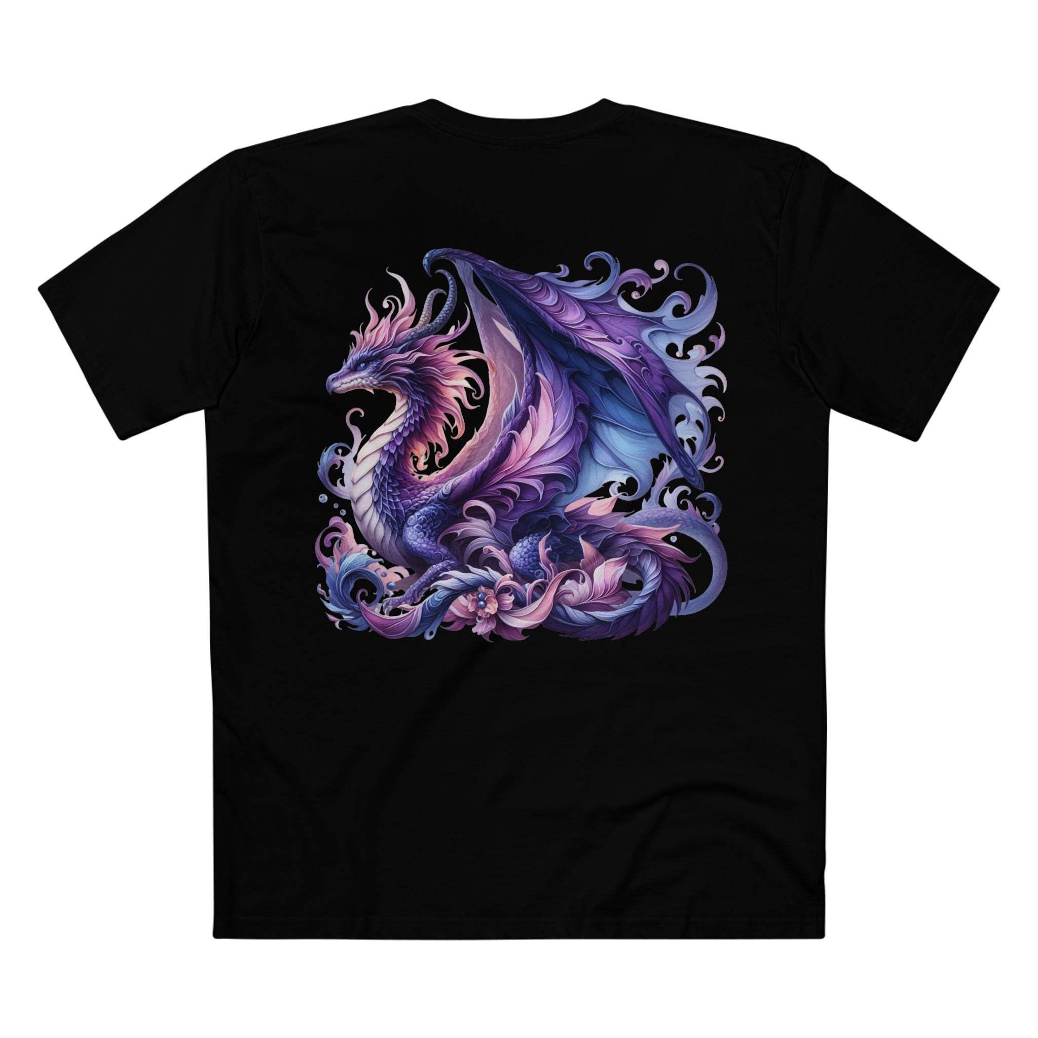 Black Printify eco-friendly dragon t-shirt with detailed purple and blue dragon design on back