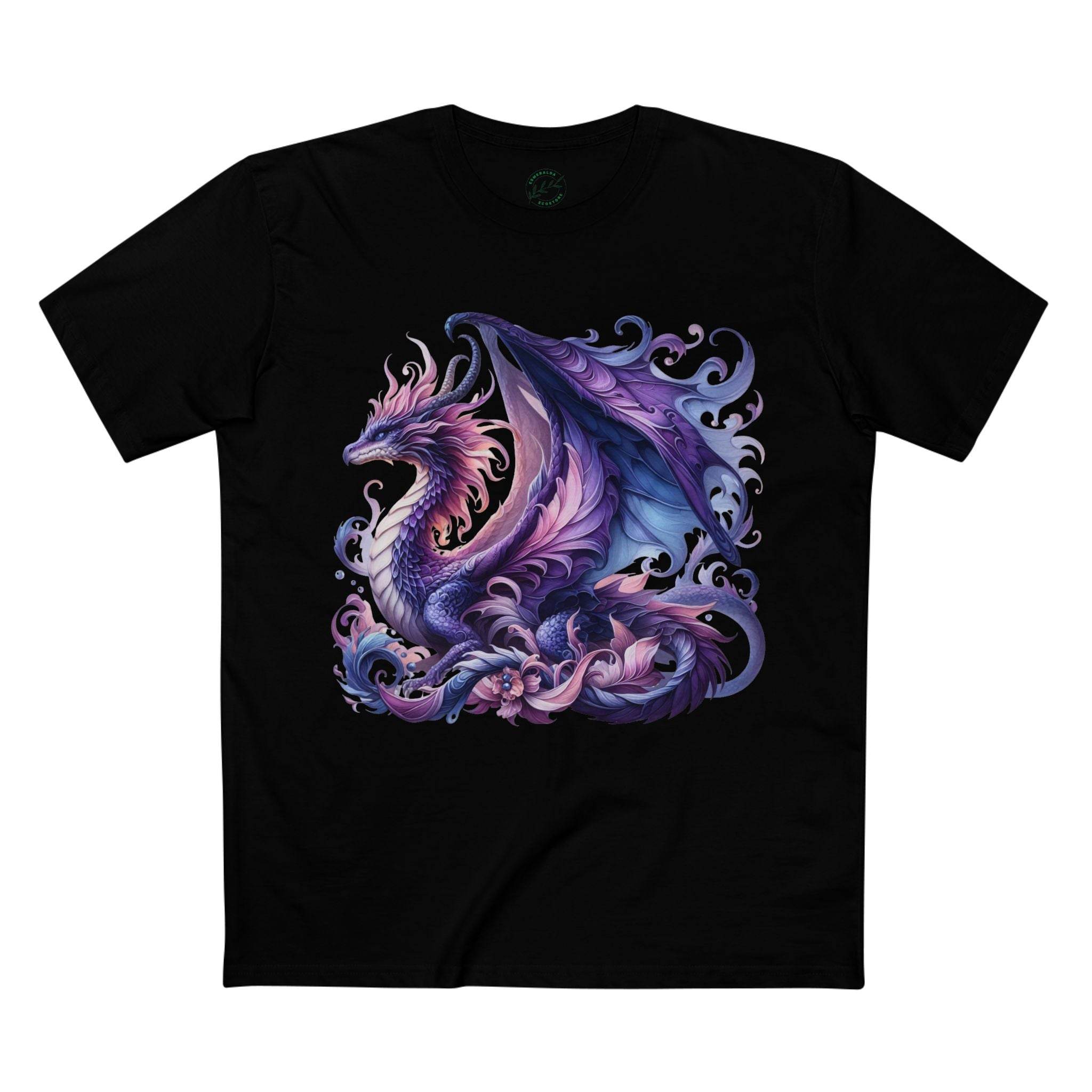 Printify black t-shirt featuring an eco-friendly dragon t-shirt design with purple and blue dragon artwork