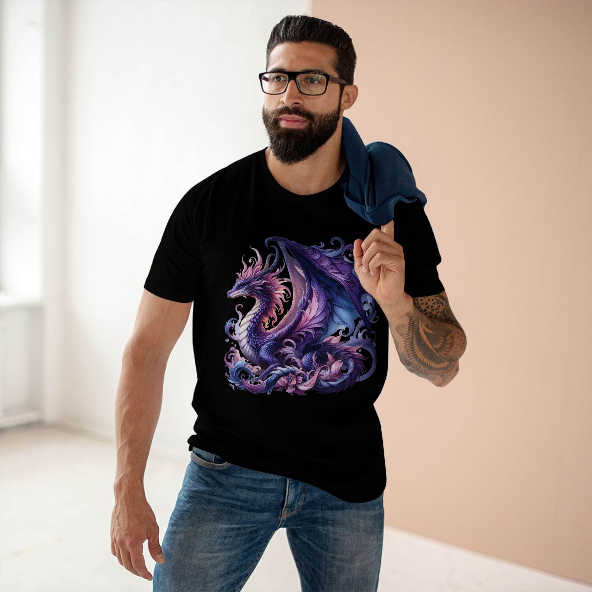 Man wearing a Printify eco-friendly dragon t-shirt with detailed purple dragon design