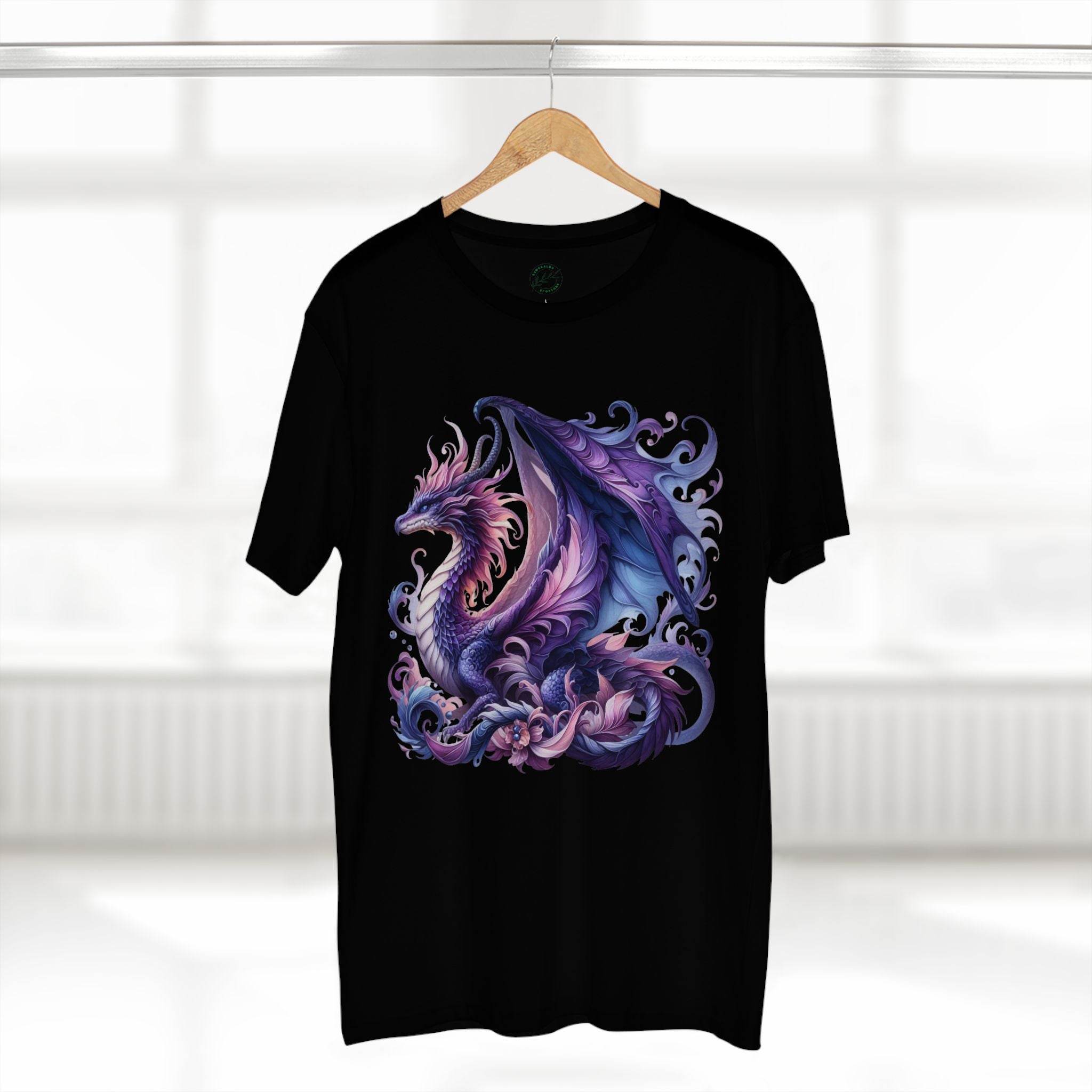 Black eco-friendly dragon t-shirt from Printify with detailed purple and blue dragon graphic