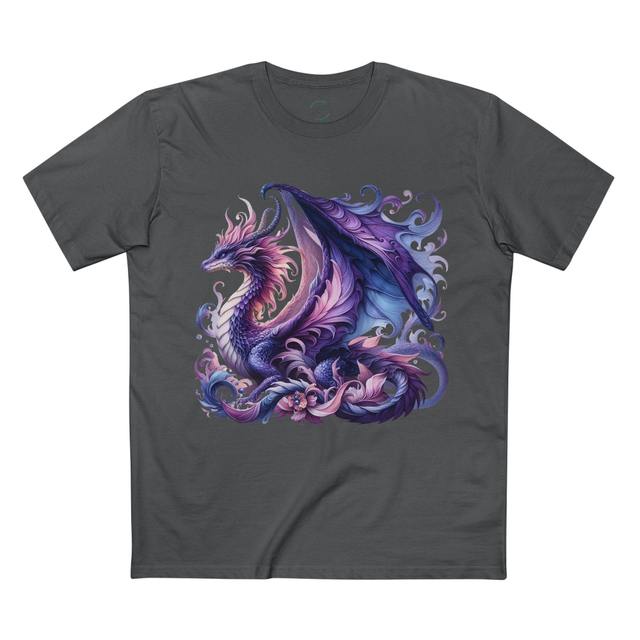 Printify eco-friendly dragon t-shirt with vibrant purple dragon design on dark gray fabric
