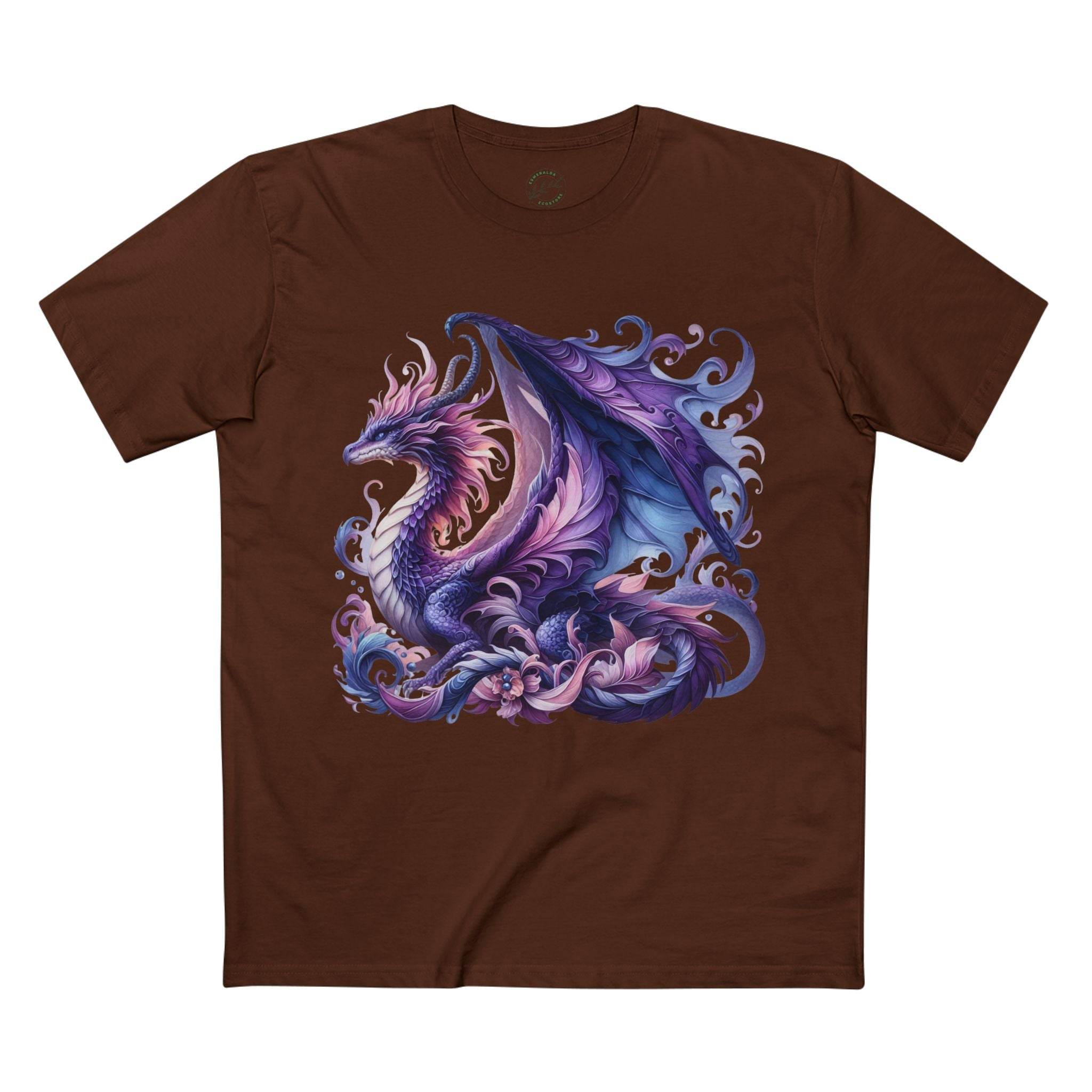 Printify eco-friendly dragon t-shirt in brown with purple and blue dragon design
