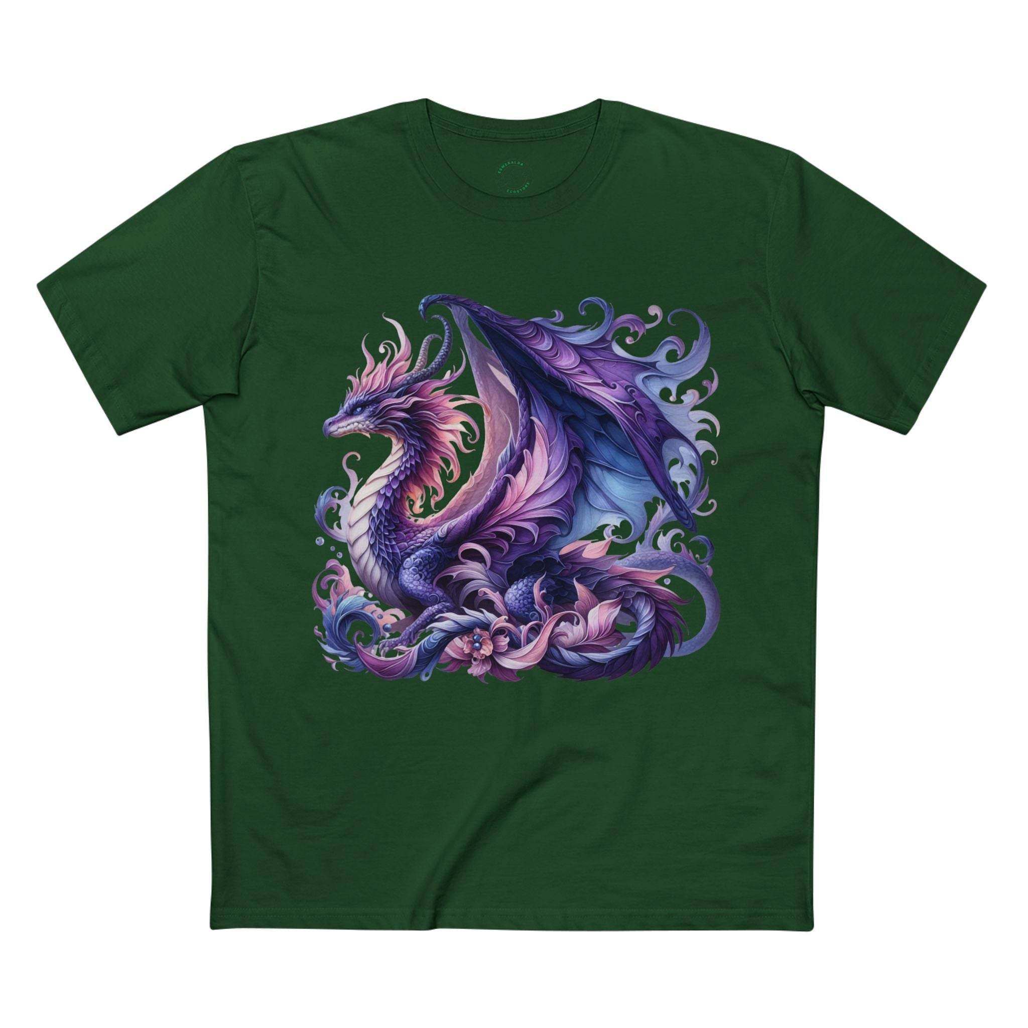Green Printify t-shirt featuring a detailed purple dragon graphic eco-friendly dragon t-shirt