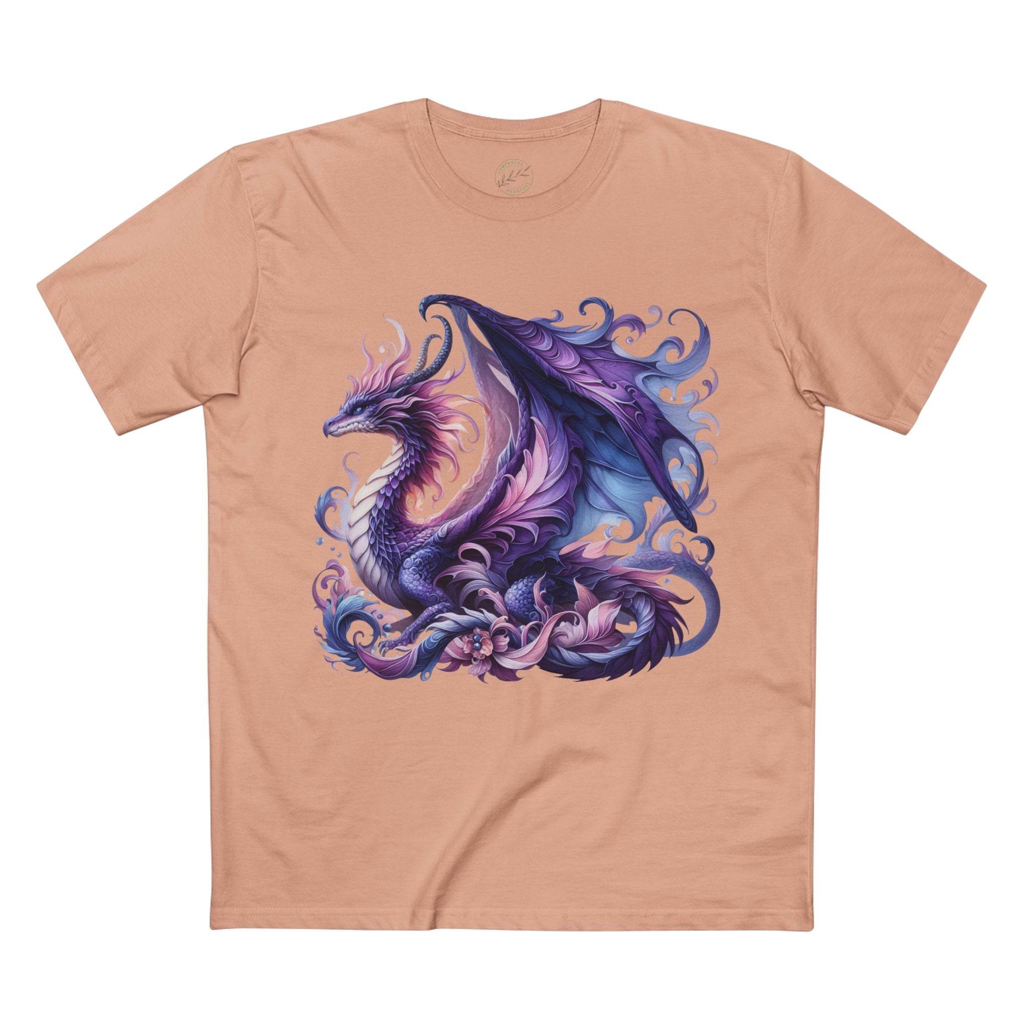 Printify eco-friendly dragon t-shirt featuring a detailed purple and blue dragon design on a peach background