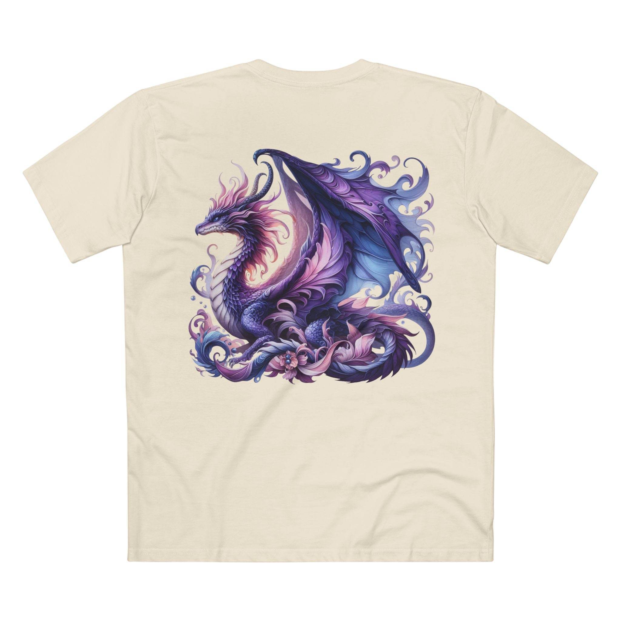 Printify eco-friendly dragon t-shirt with purple and blue dragon illustration on cream fabric