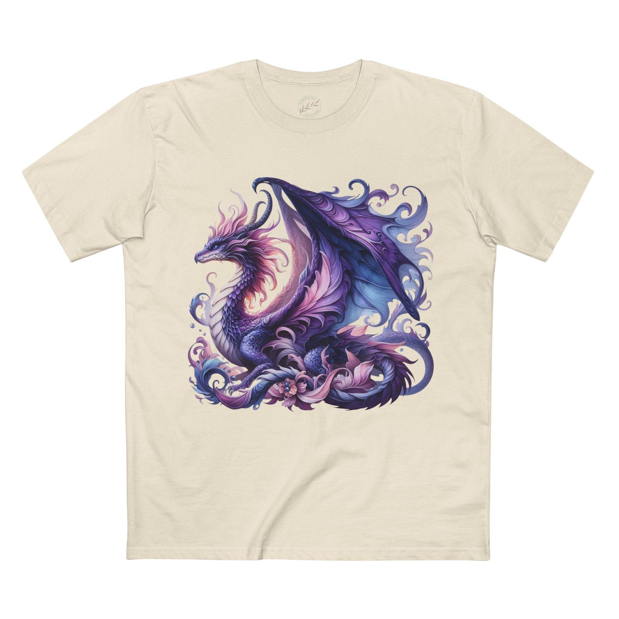 Printify eco-friendly dragon t-shirt featuring a detailed purple and blue dragon design on beige fabric