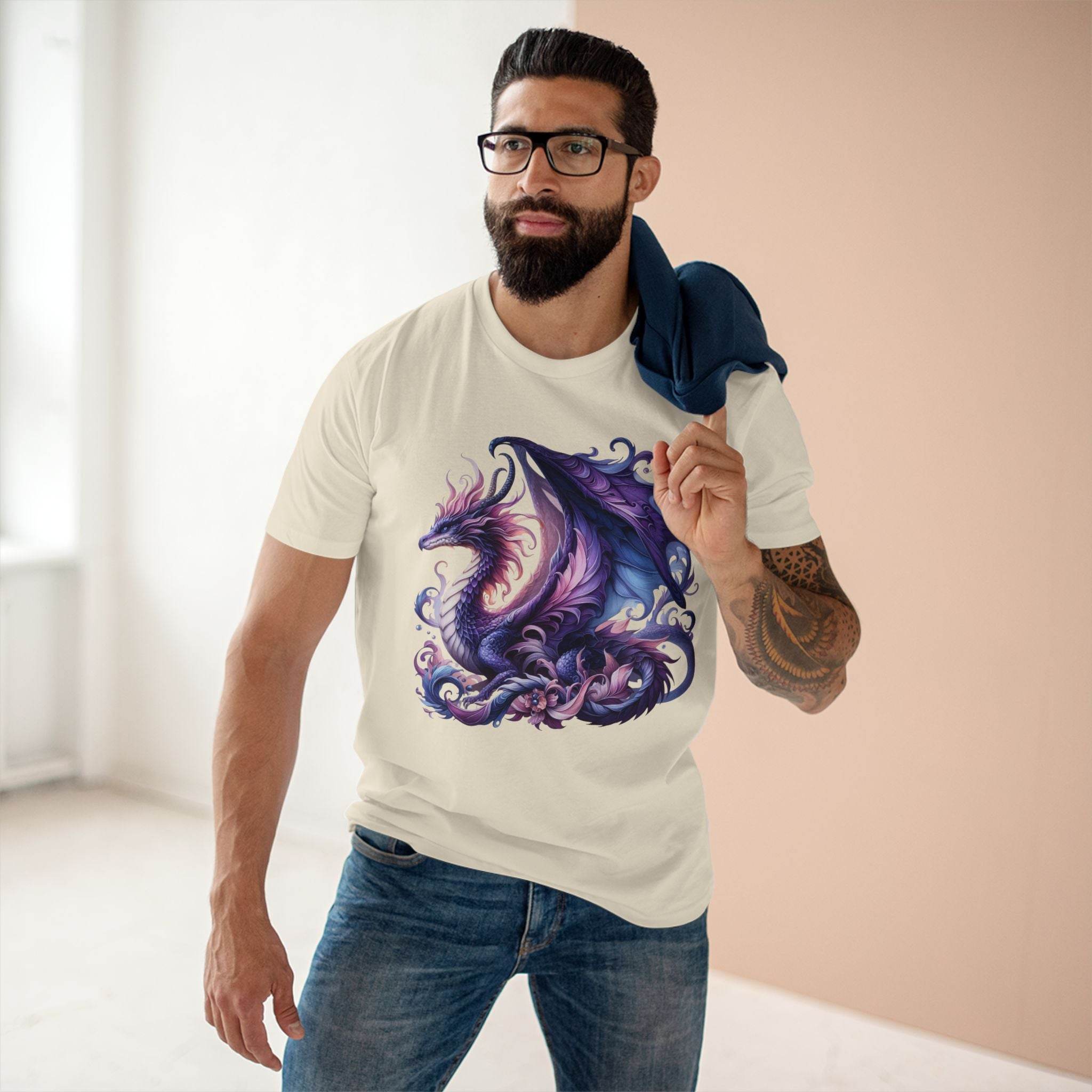 Man wearing Printify eco-friendly dragon t-shirt featuring detailed purple dragon graphic