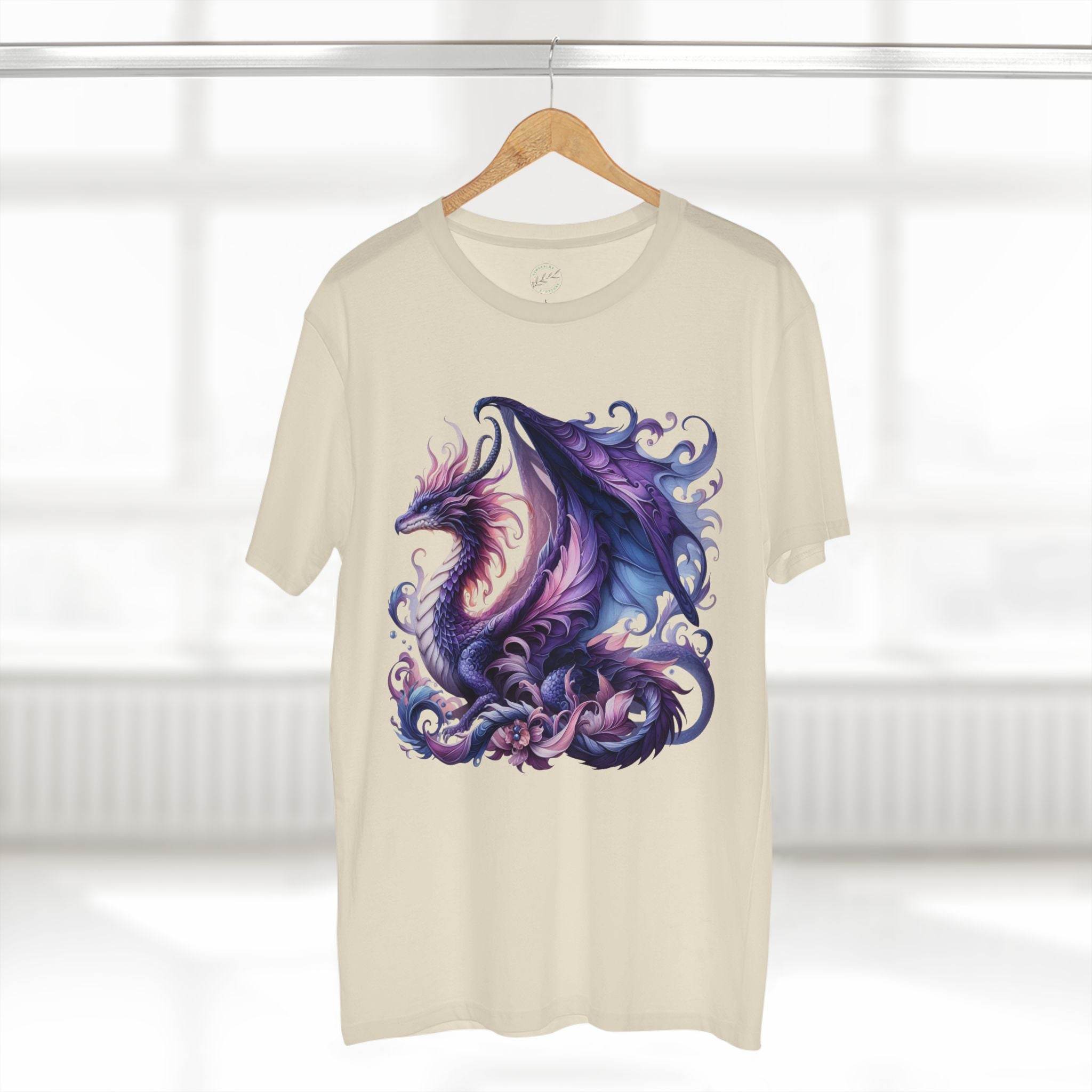 Printify eco-friendly dragon t-shirt with vibrant purple and blue dragon graphic on cream fabric