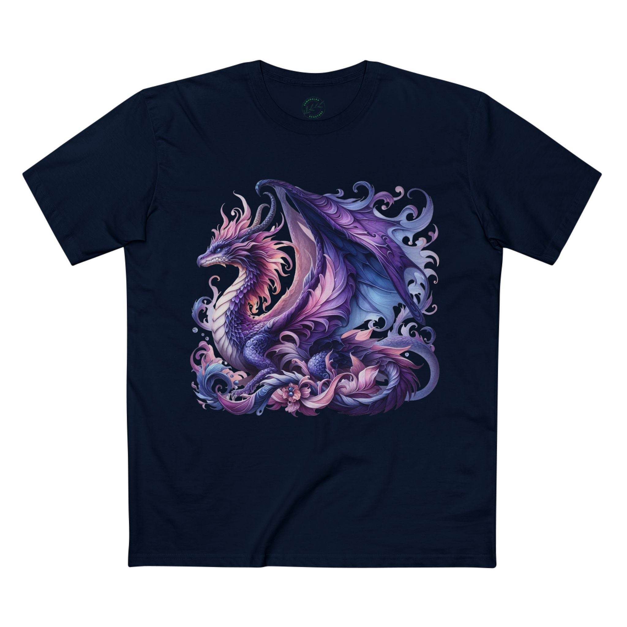 Printify navy blue eco-friendly dragon t-shirt with detailed purple and pink dragon graphic design