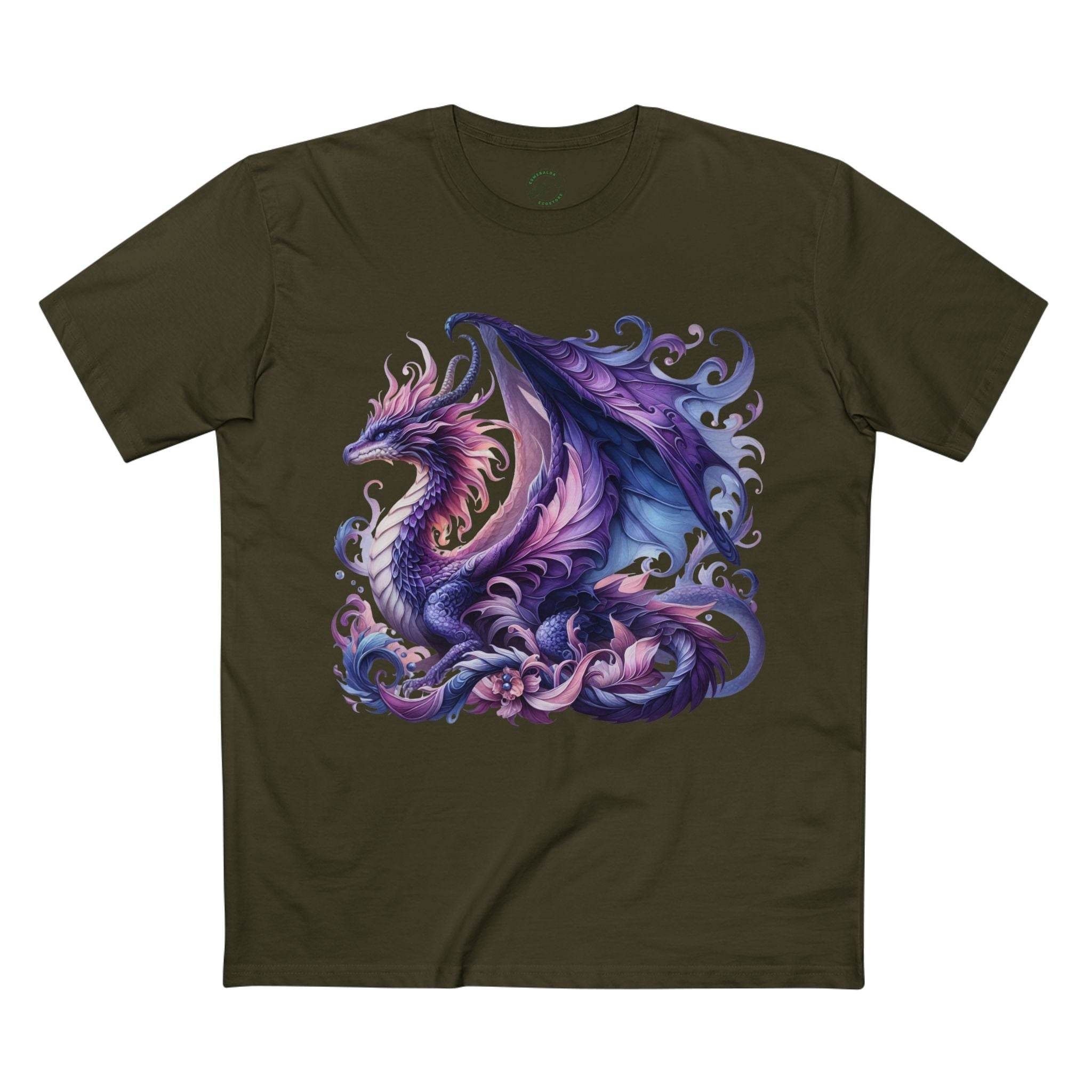 Printify eco-friendly dragon t-shirt with detailed purple and blue dragon graphic on olive green fabric